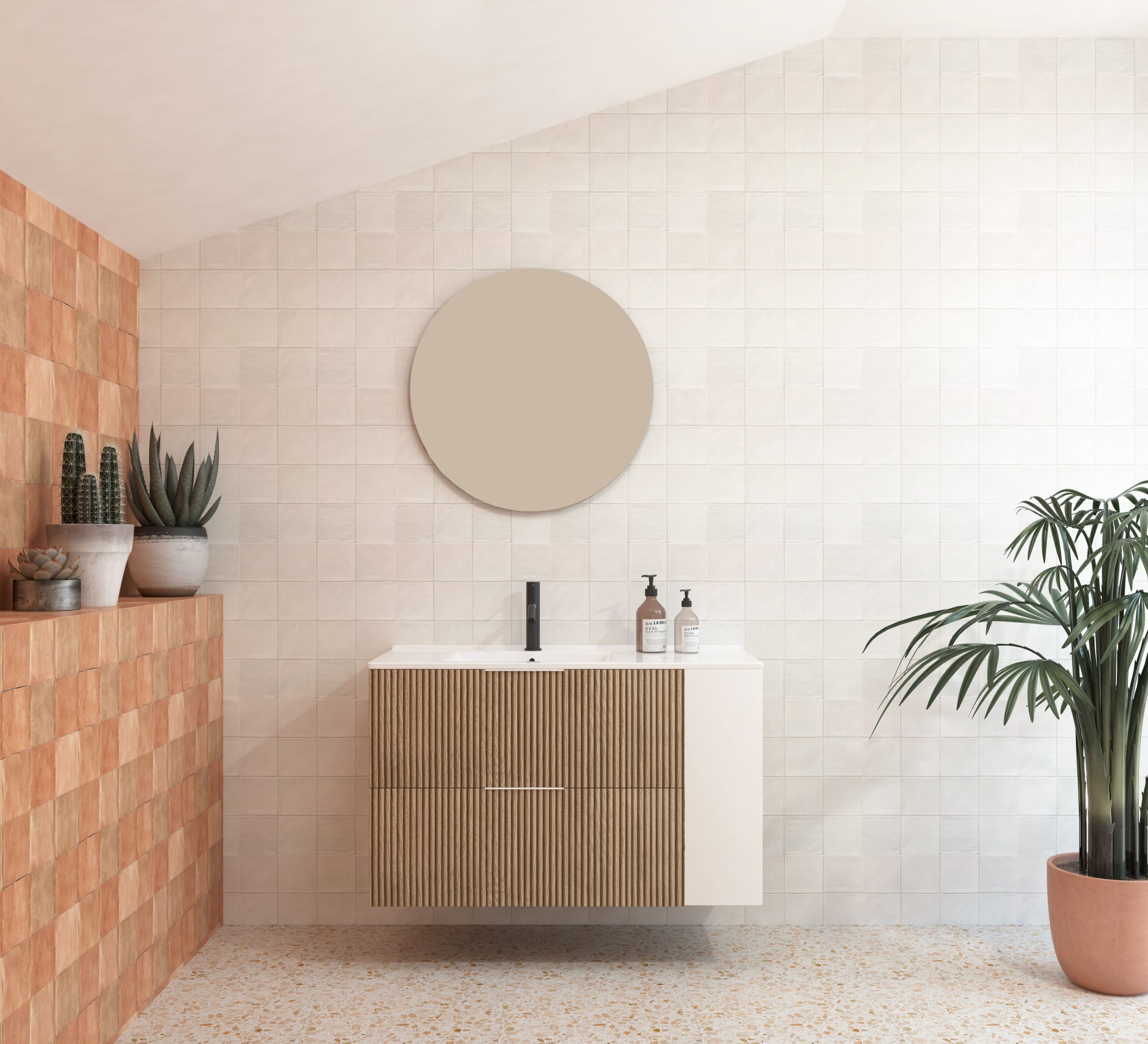 Pack BRIDAN : Deux tiroirs + lavabo + miroir rond