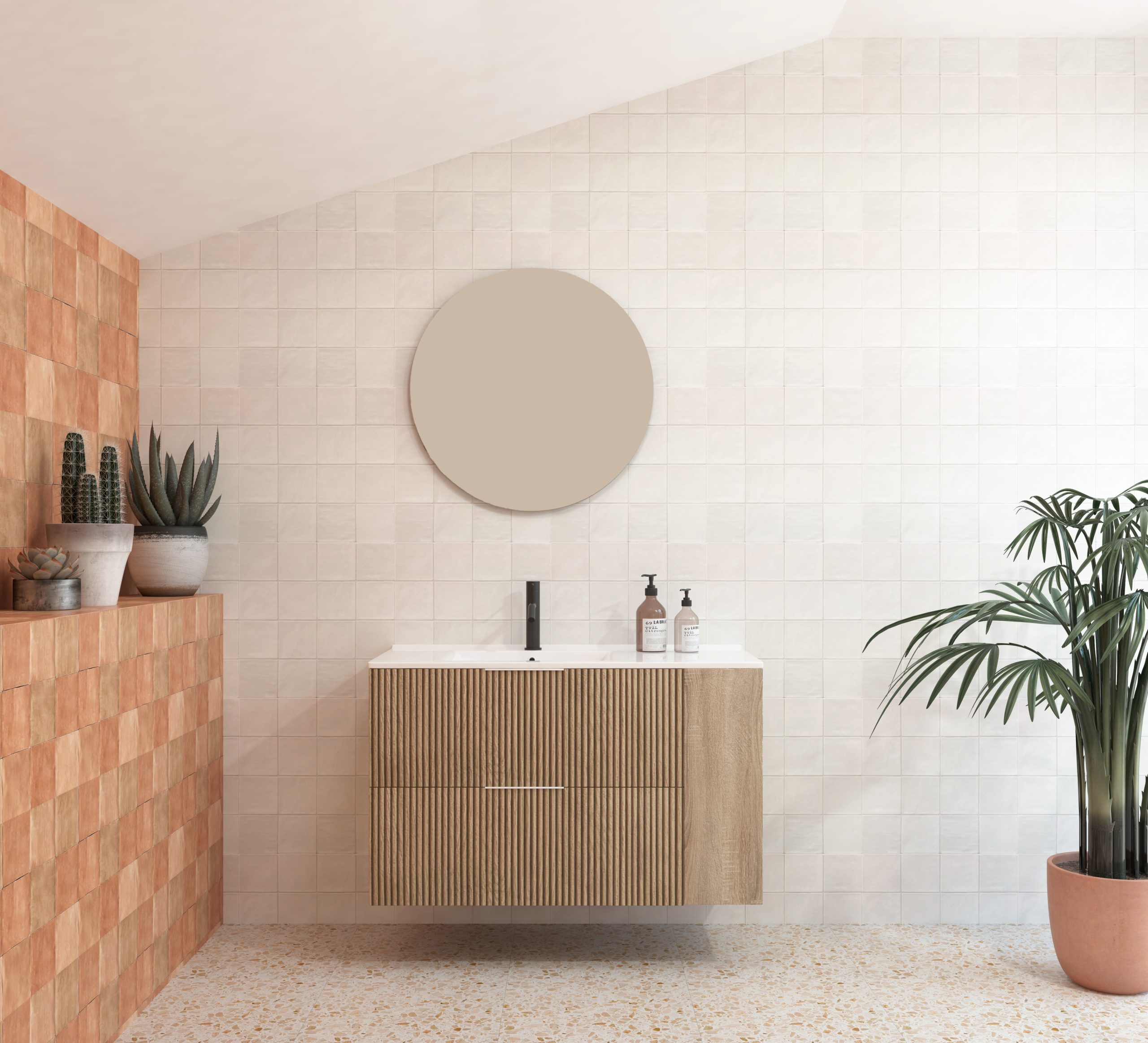 Pack BRIDAN : Deux tiroirs + lavabo + miroir rond