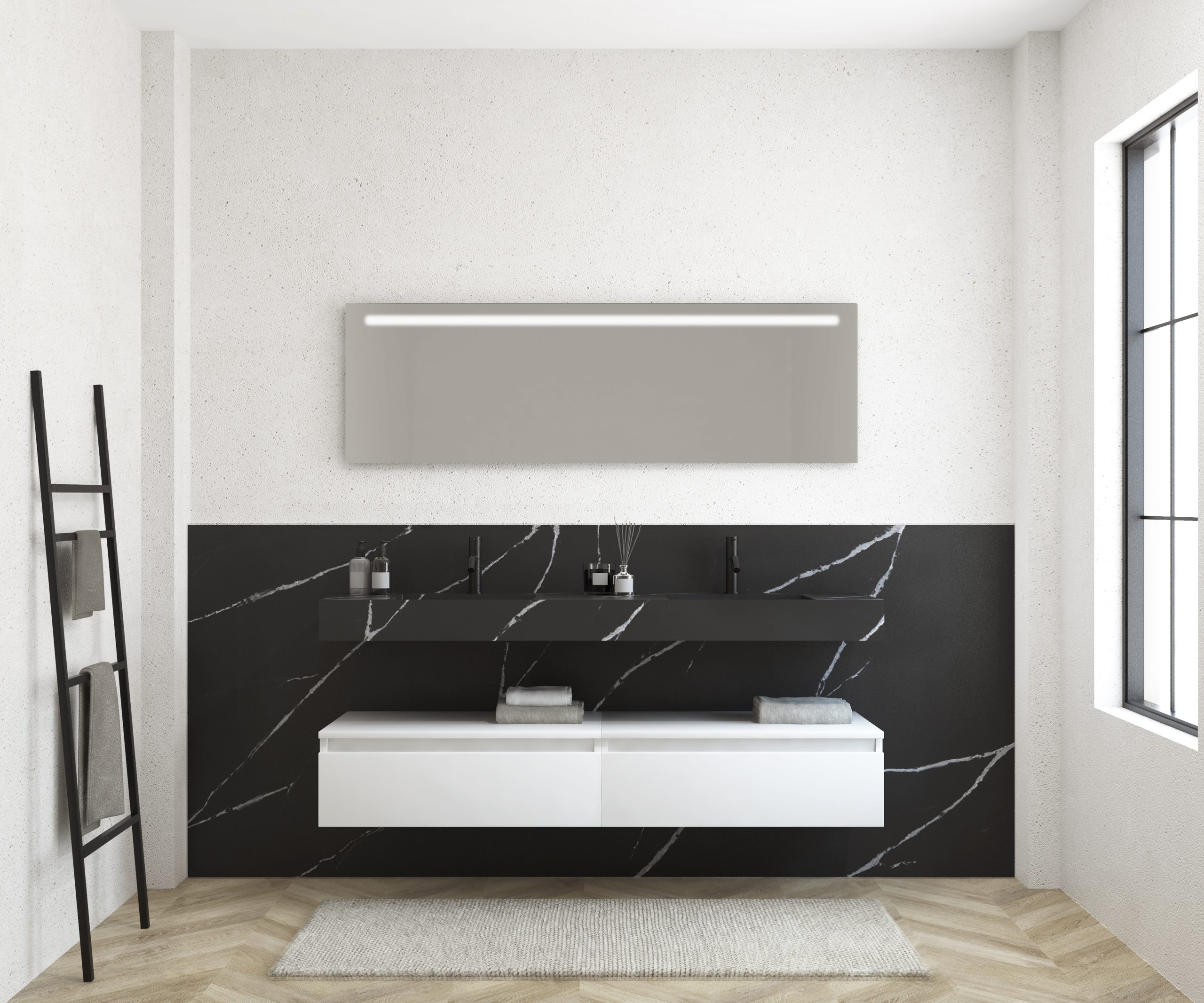 Pack MERVEILLES Marquina + Vasque double murale SILESTONE + Miroir LED