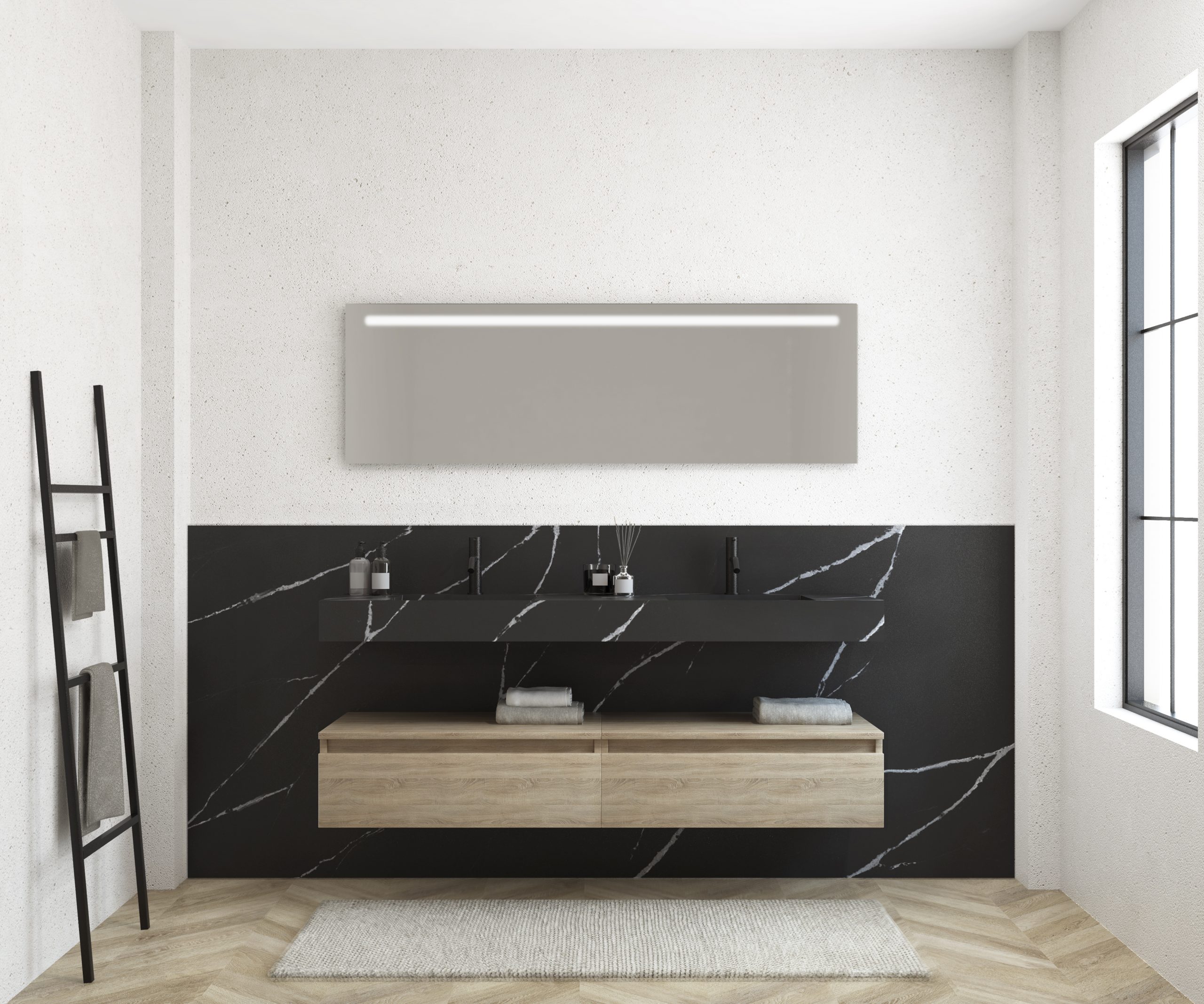 Pack MERVEILLES Marquina + Vasque double murale SILESTONE + Miroir LED