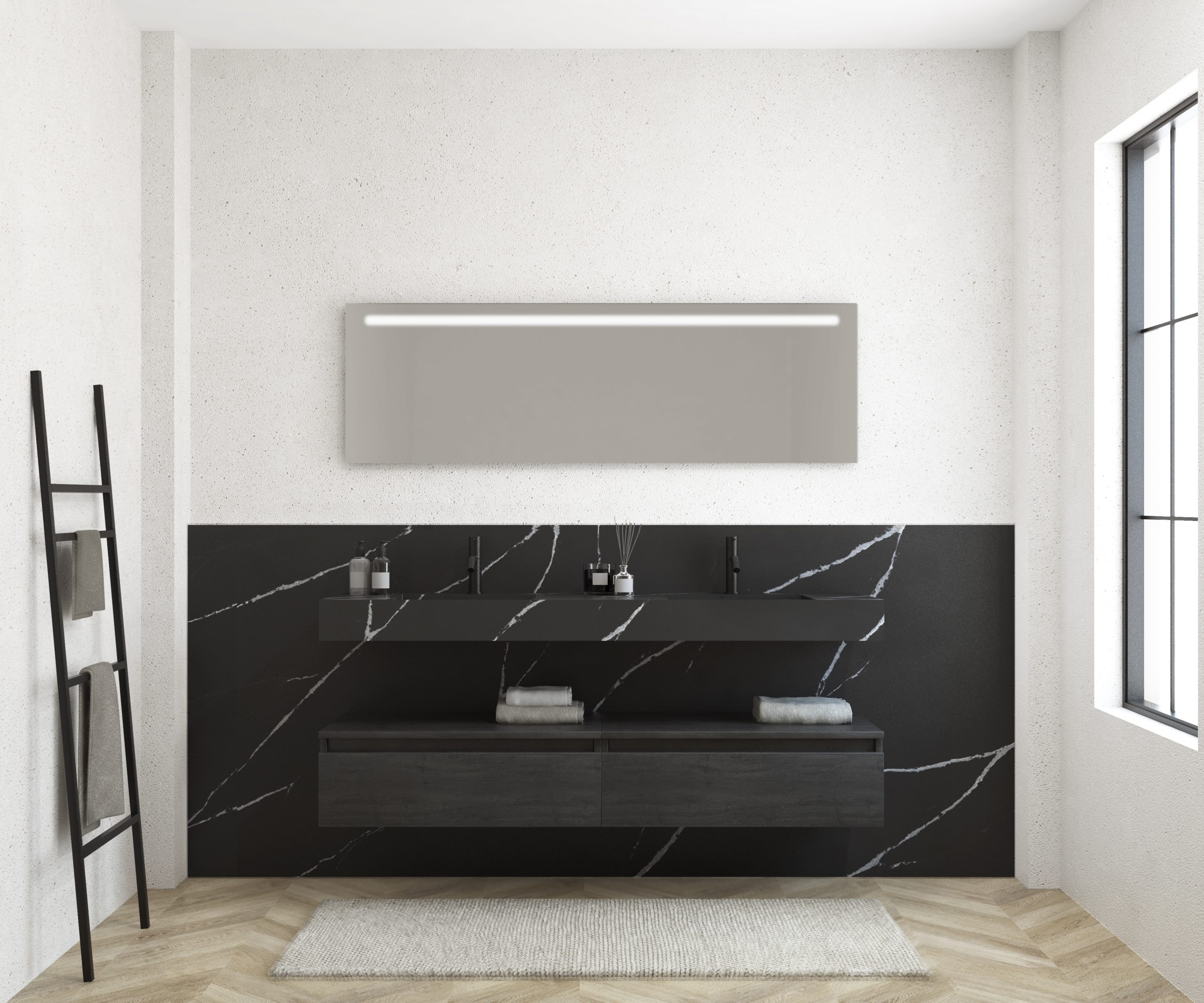 Pack MERVEILLES Marquina + Vasque double murale SILESTONE + Miroir LED