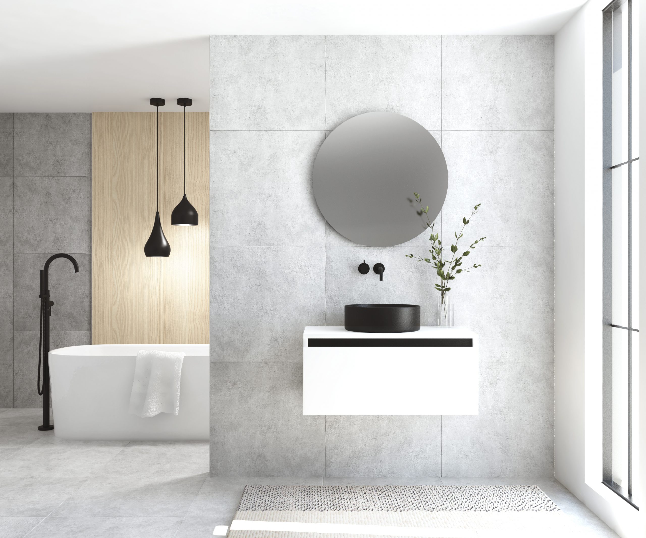 Pack MONTET + lavabo negro + espejo redondo LED