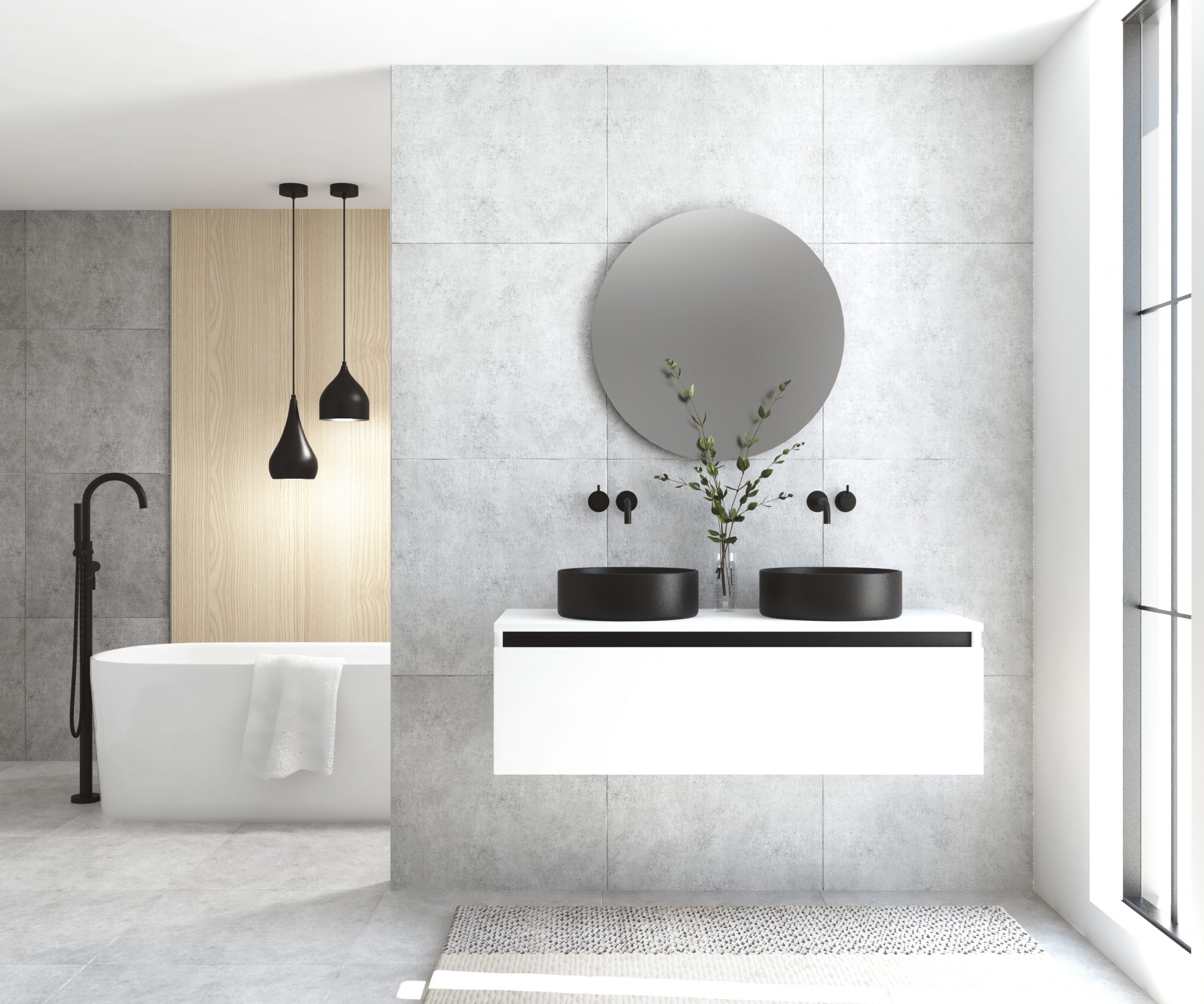 Pack MONTET + lavabo negro + espejo redondo LED