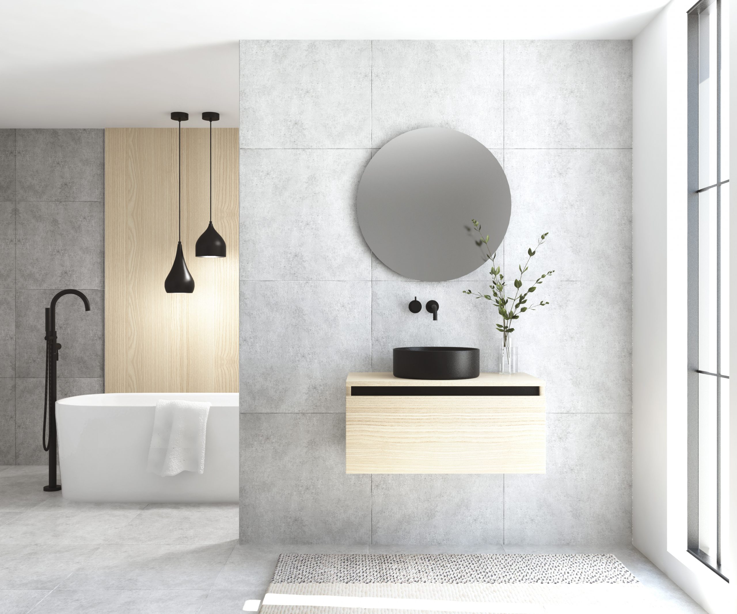 Pack MONTET + lavabo negro + espejo redondo LED