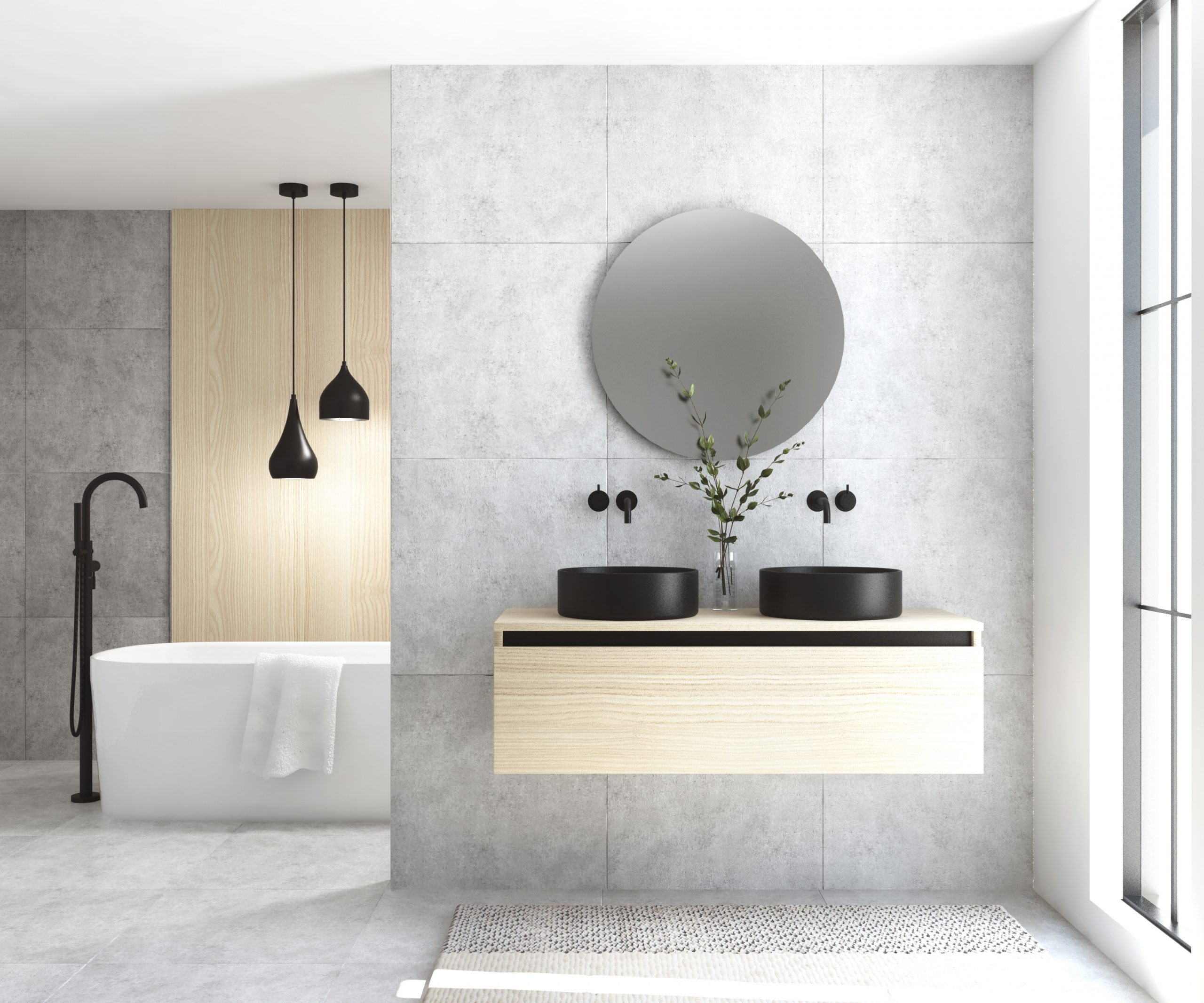 Pack MONTET + lavabo negro + espejo redondo LED