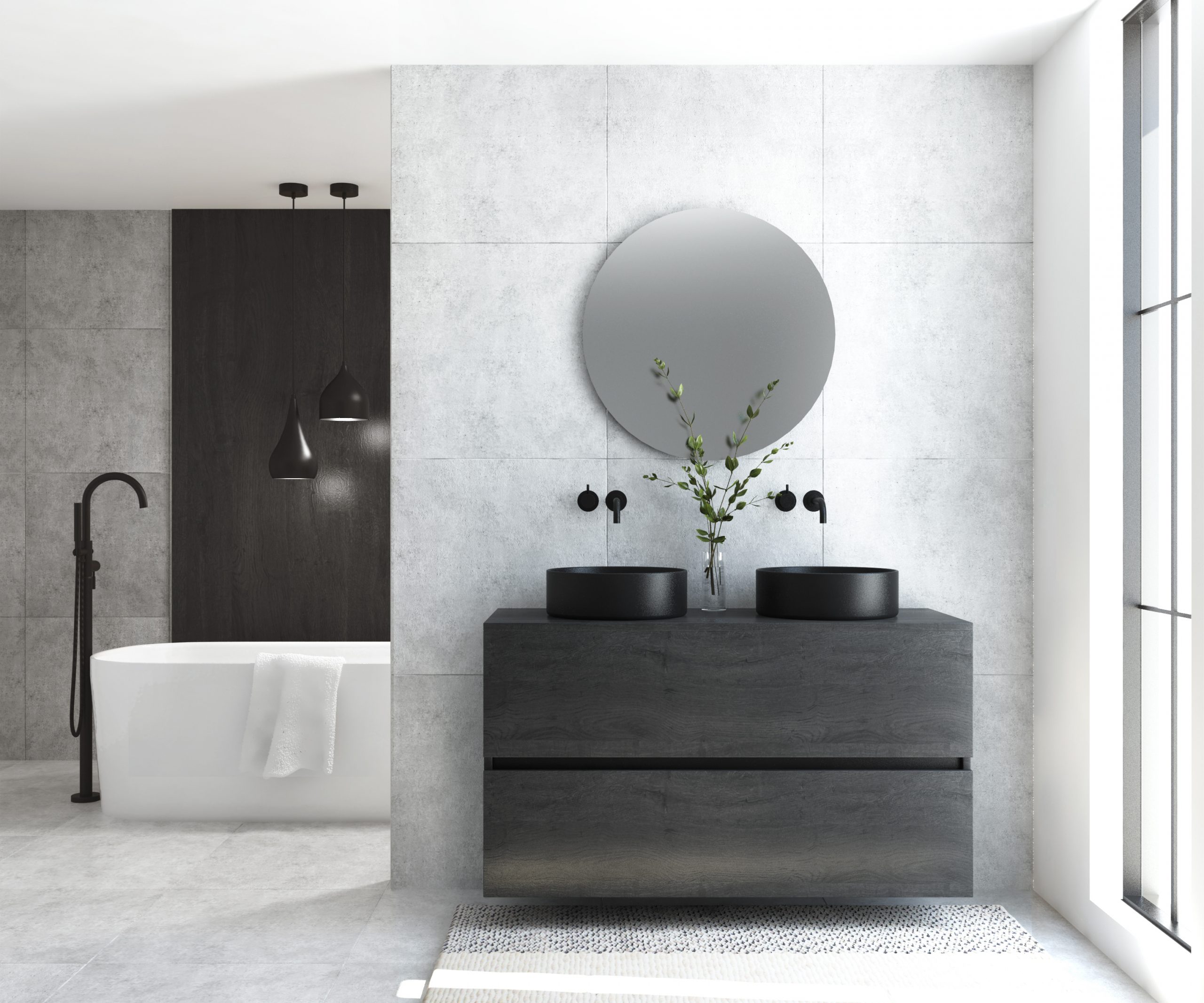 Pack MONTET 2 cajones + lavabo negro + espejo redondo LED