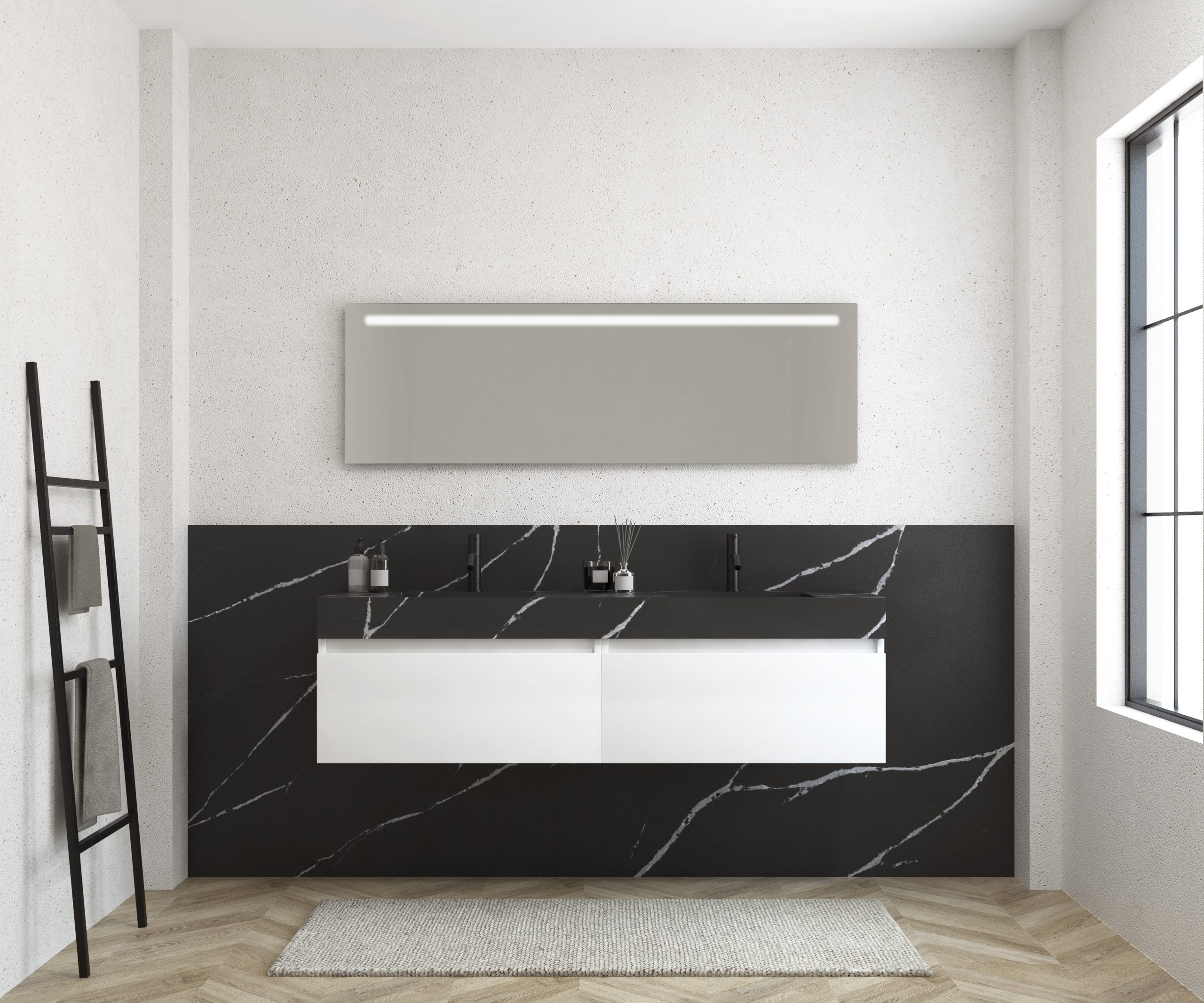 Pack MERVEILLES COMPACT de Marquina + double vasque suspendue SILESTONE + miroir LED