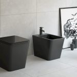 Toilettes compactes noires avec tapis