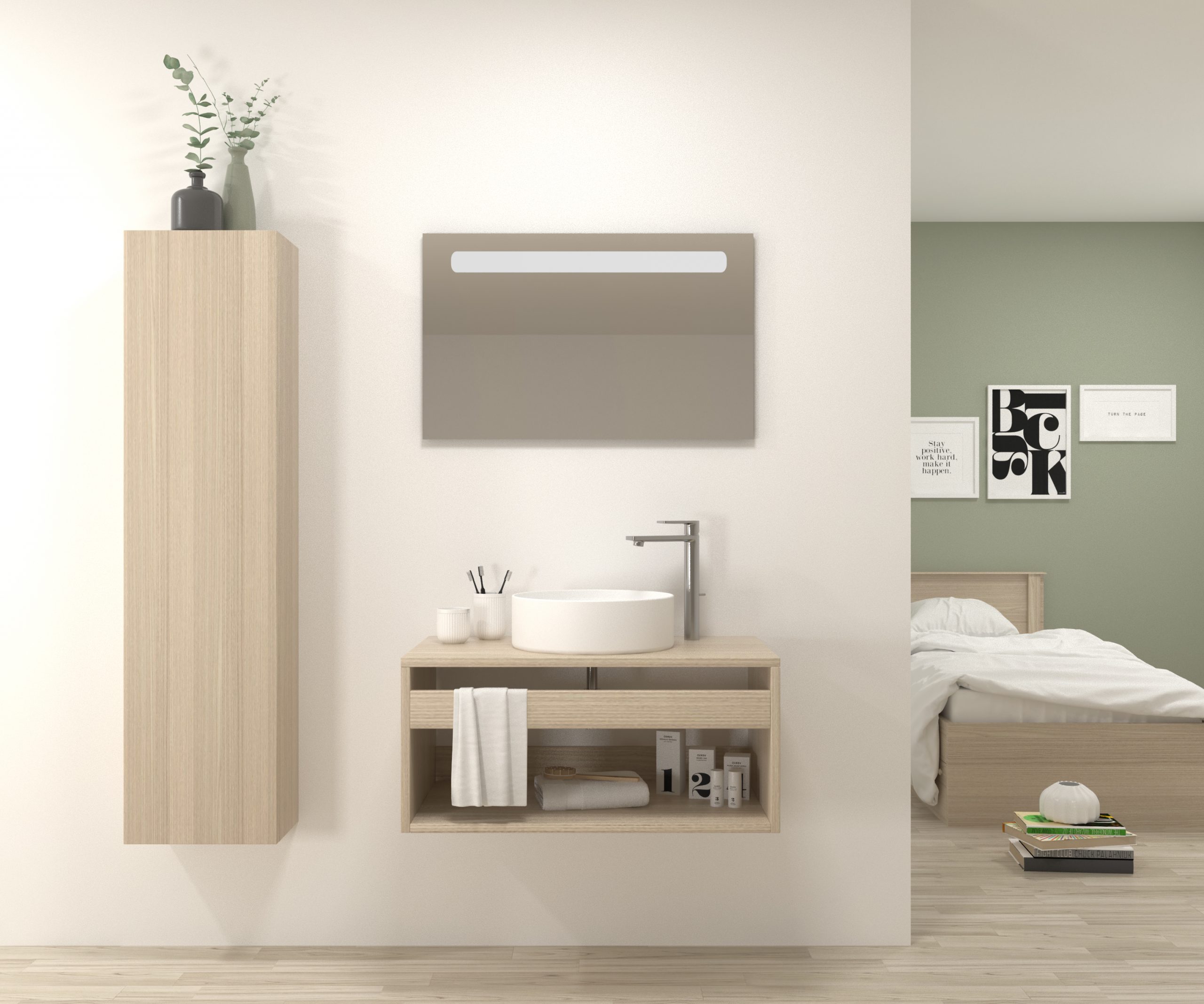 Pack Bordeaux avec lavabo et miroir LED