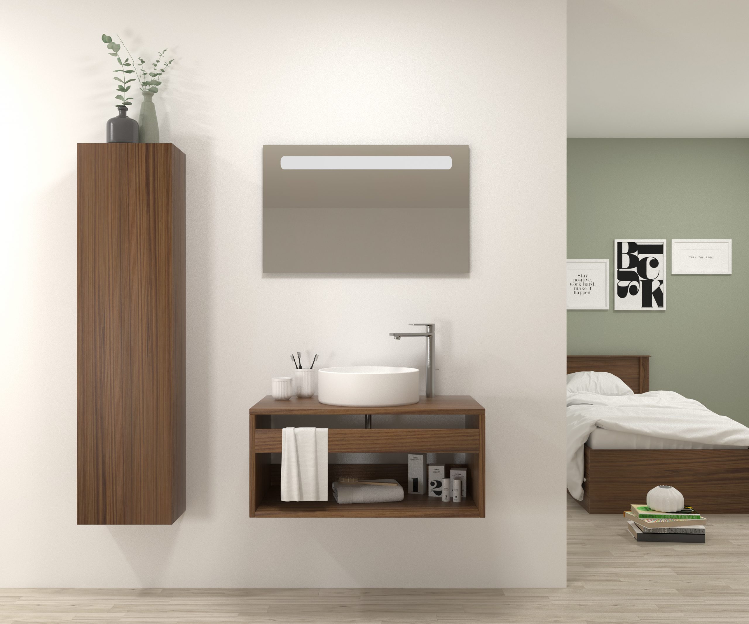 Pack Bordeaux avec lavabo et miroir LED