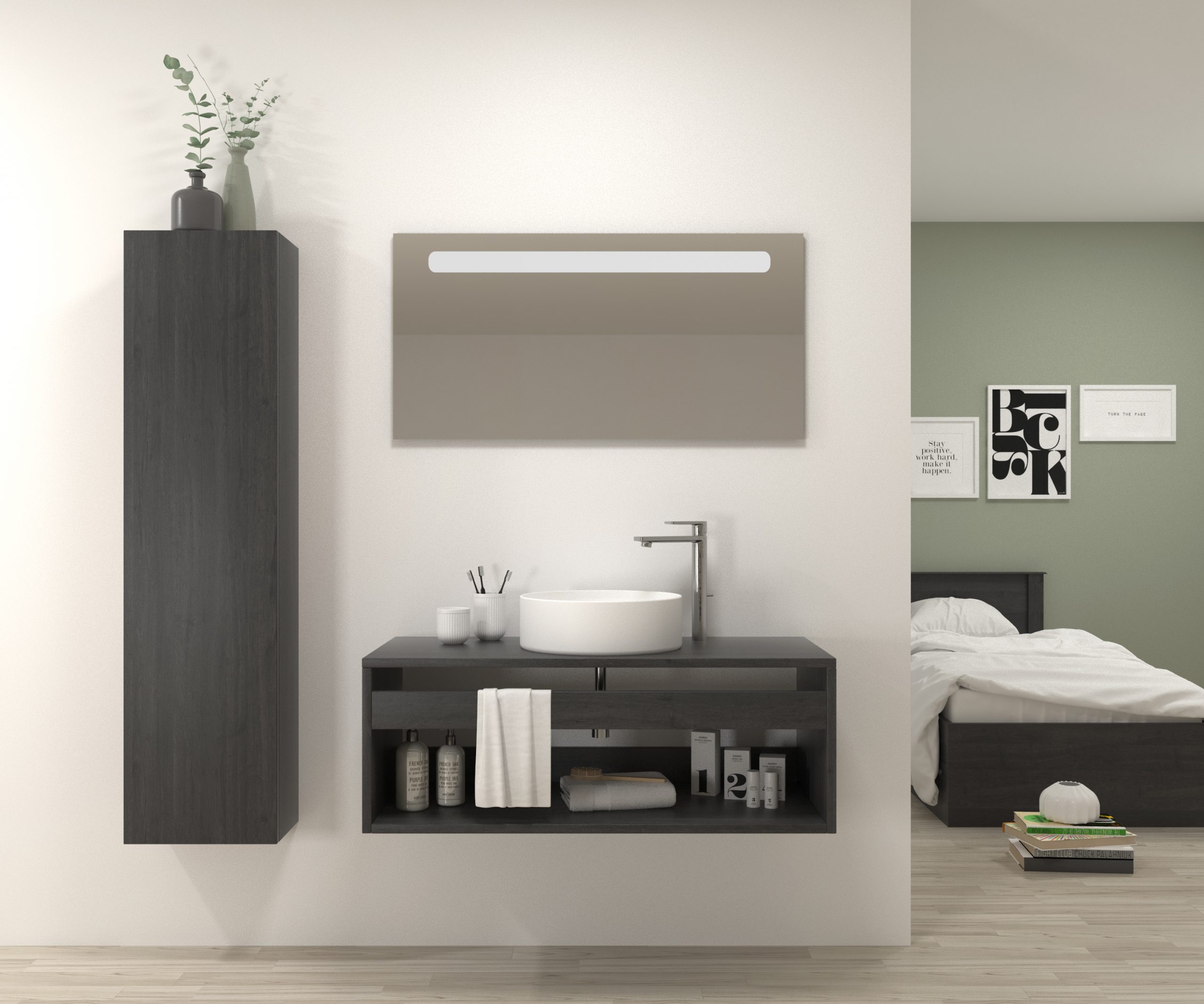 Pack Bordeaux avec lavabo et miroir LED