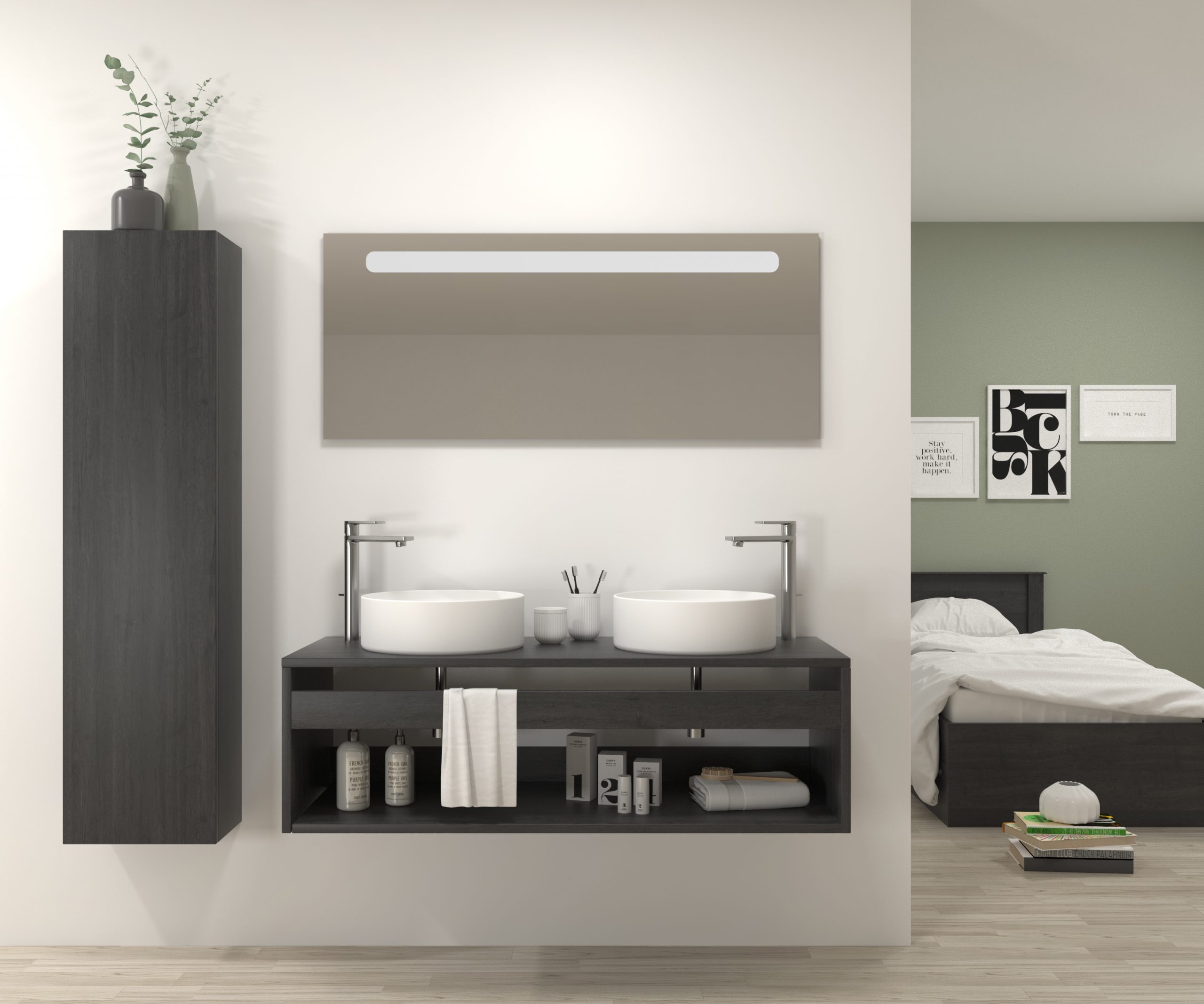 Pack Bordeaux avec lavabo et miroir LED