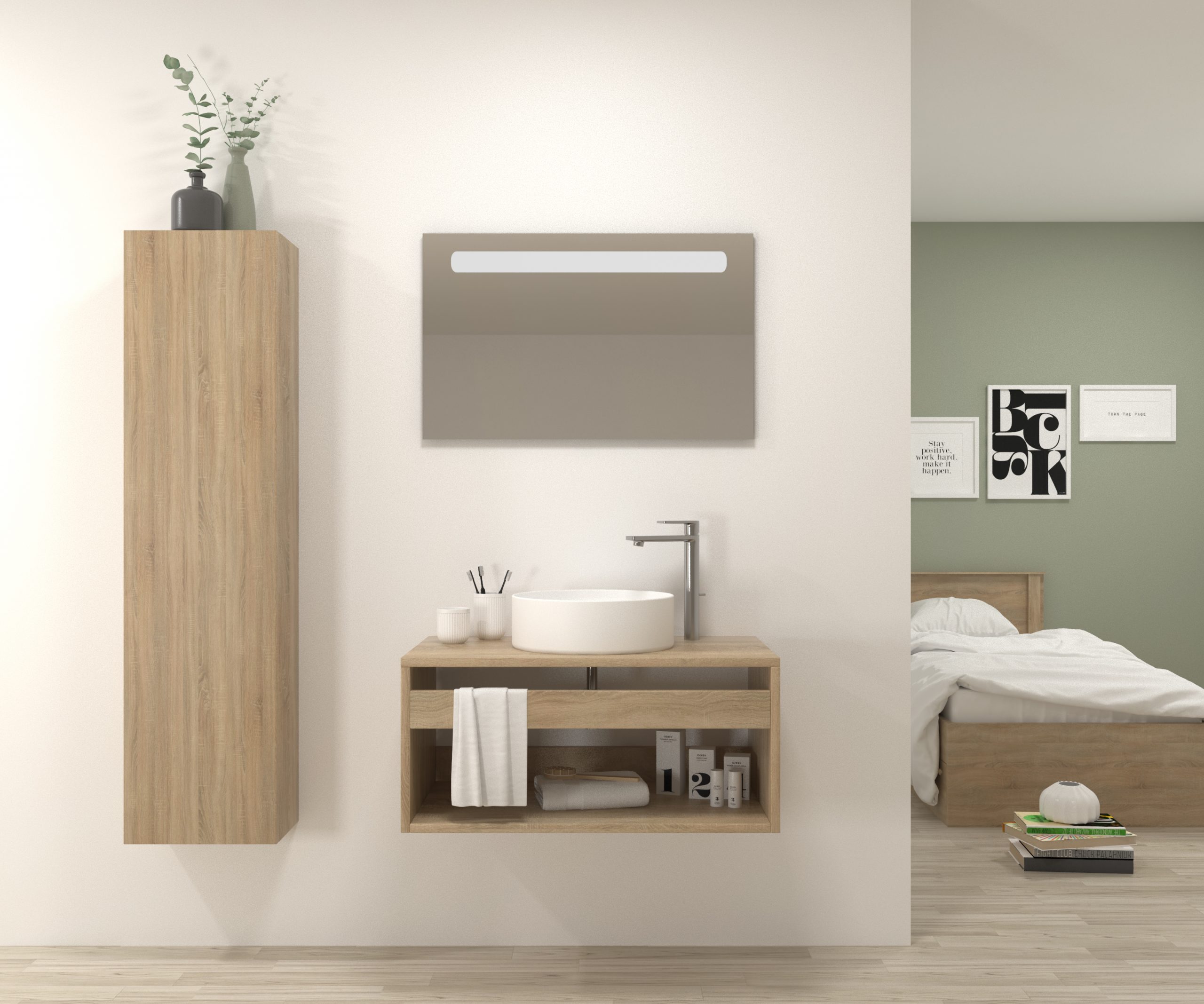 Pack Bordeaux avec lavabo et miroir LED