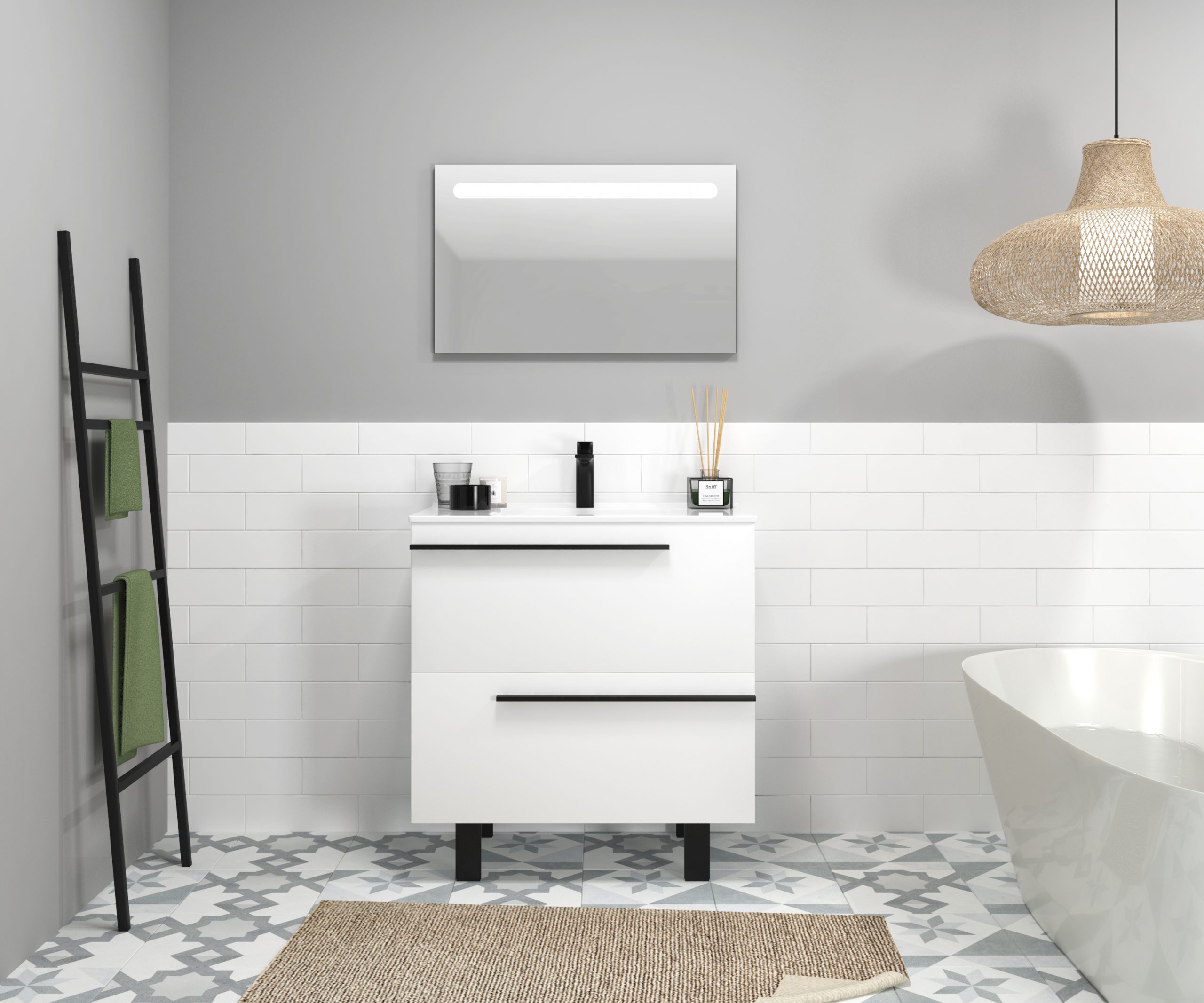 Ensemble en laiton avec lavabo et miroir LED