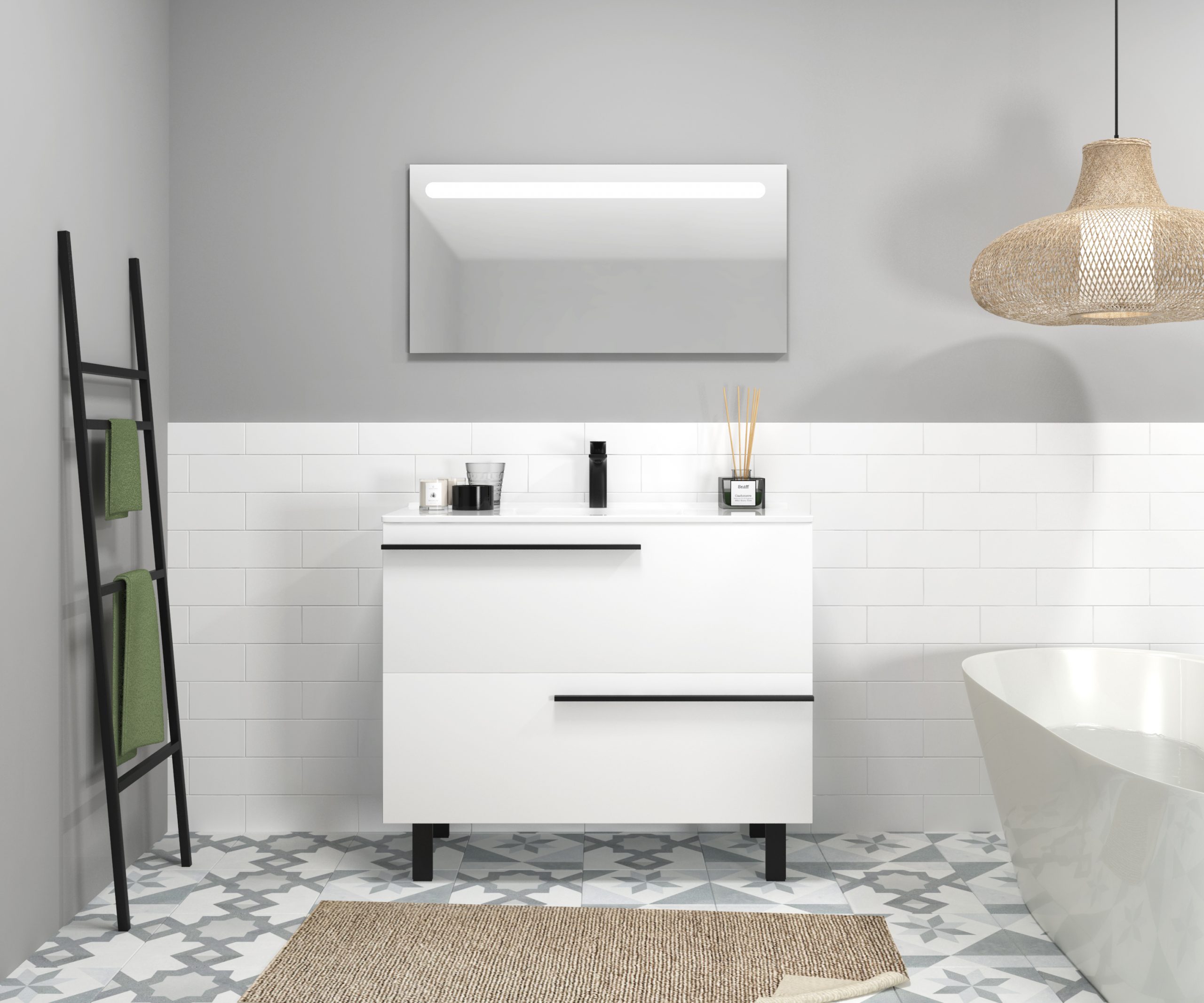 Ensemble en laiton avec lavabo et miroir LED