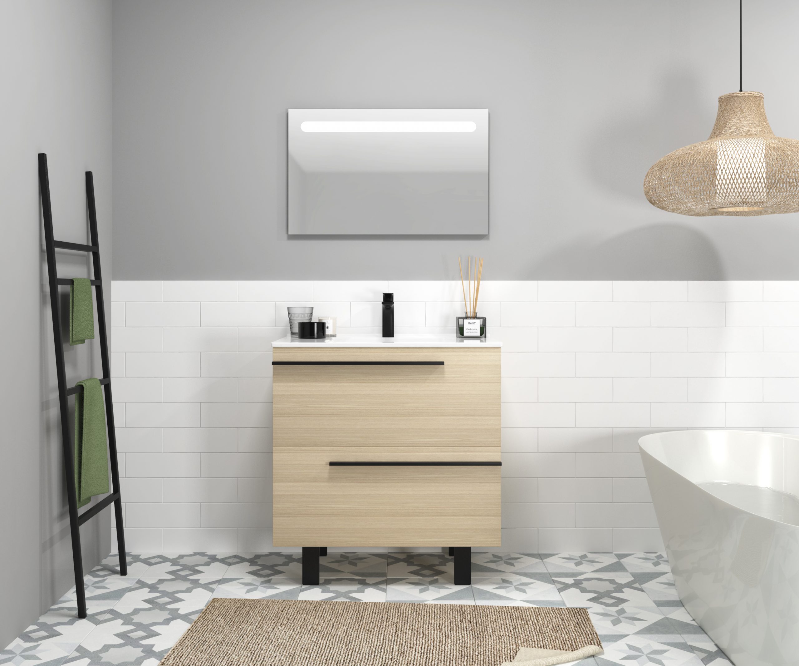 Ensemble en laiton avec lavabo et miroir LED