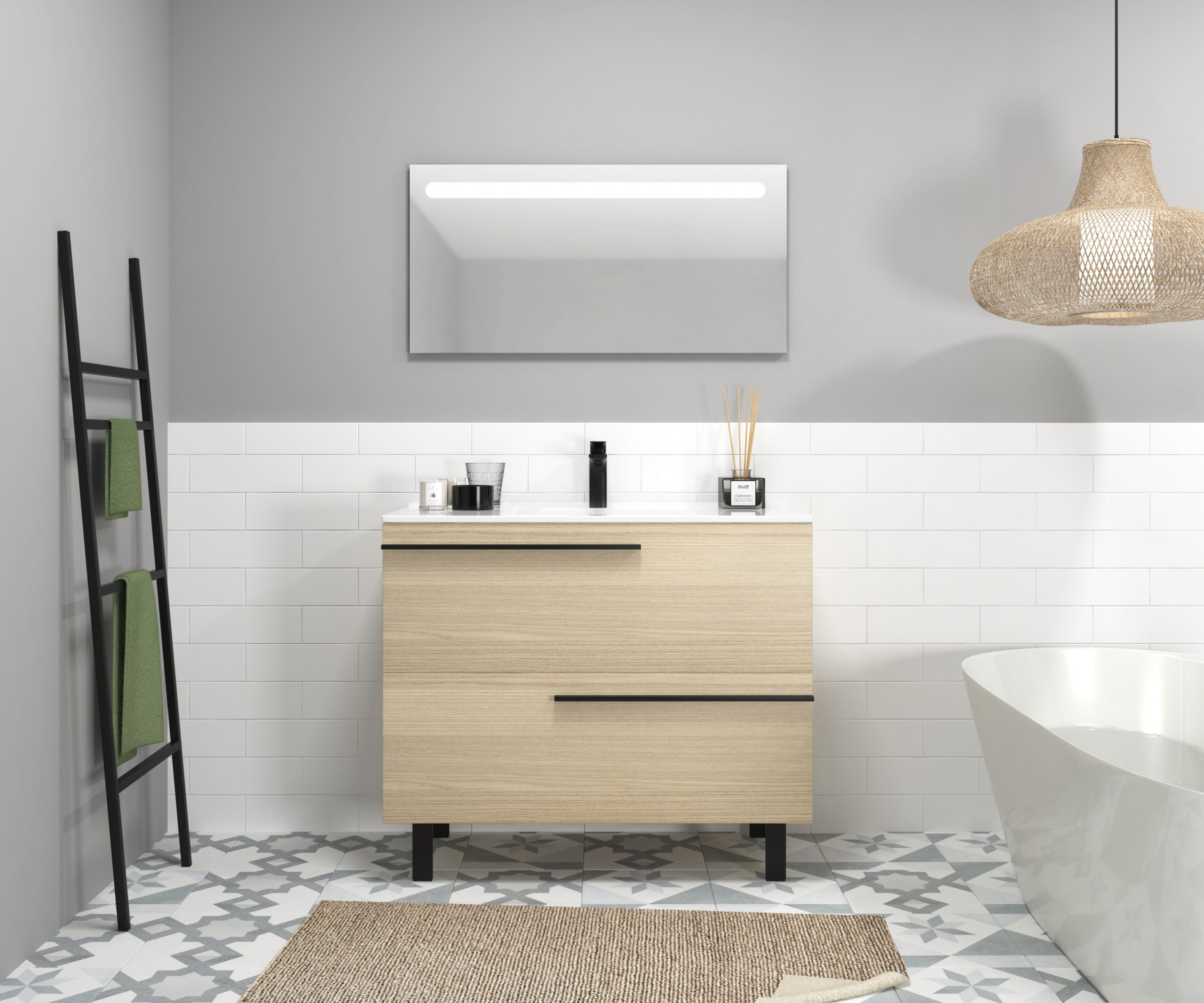 Ensemble en laiton avec lavabo et miroir LED