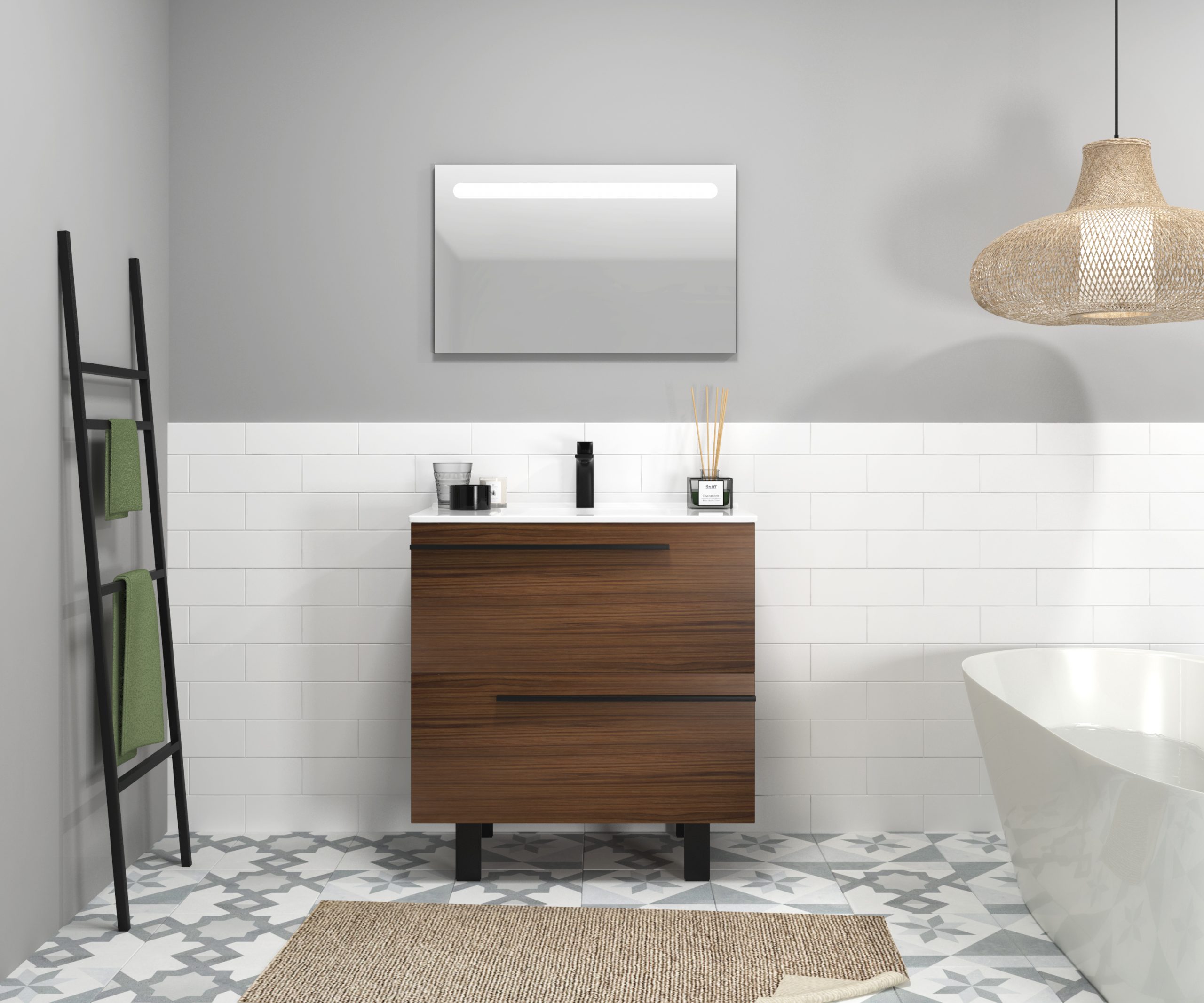 Ensemble en laiton avec lavabo et miroir LED