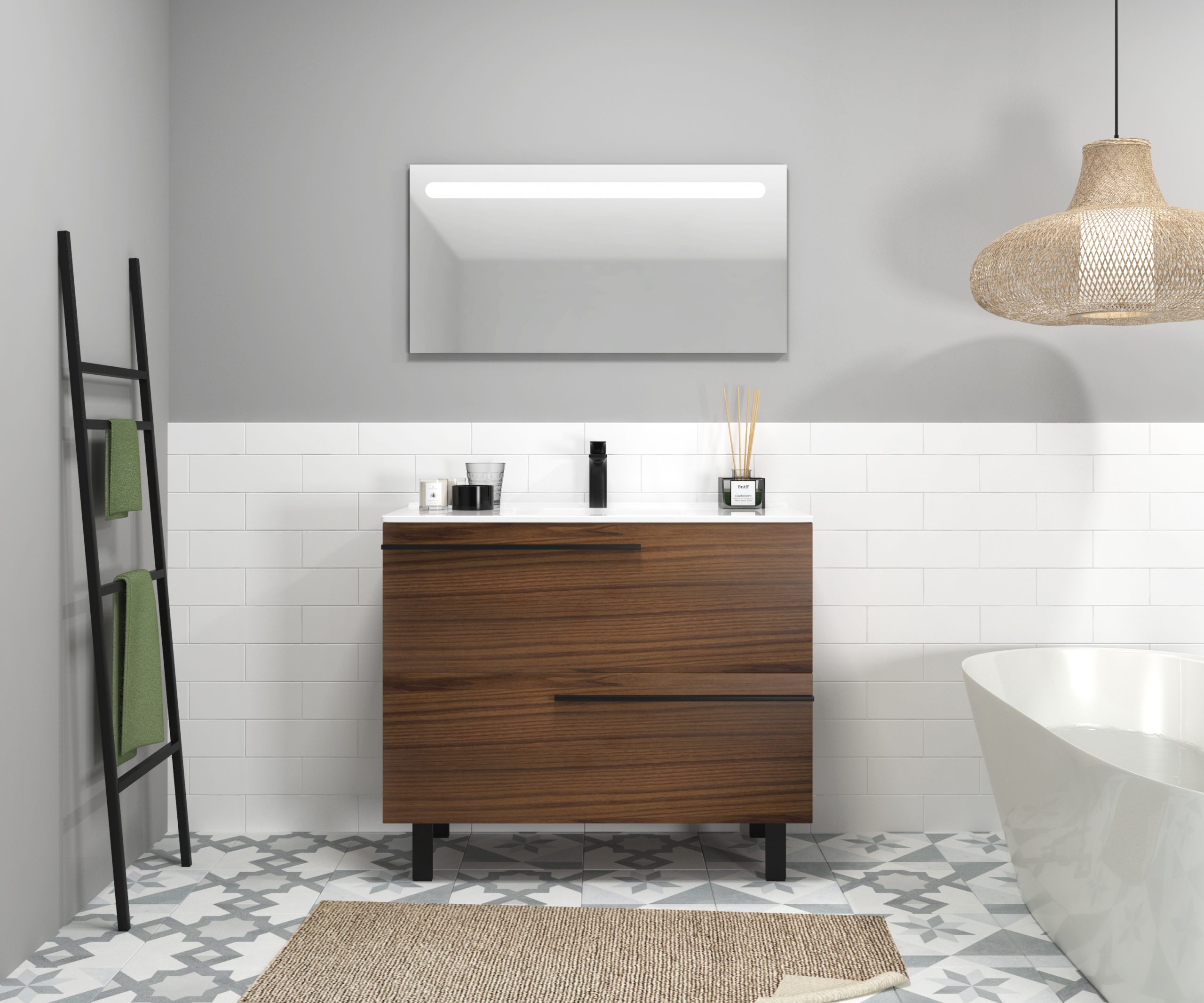 Ensemble en laiton avec lavabo et miroir LED