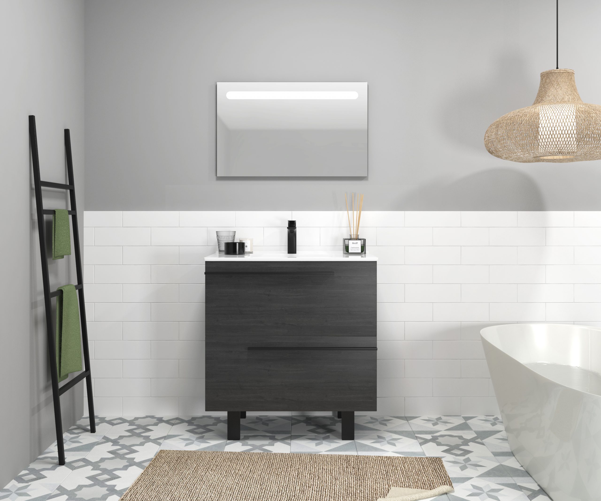 Ensemble en laiton avec lavabo et miroir LED