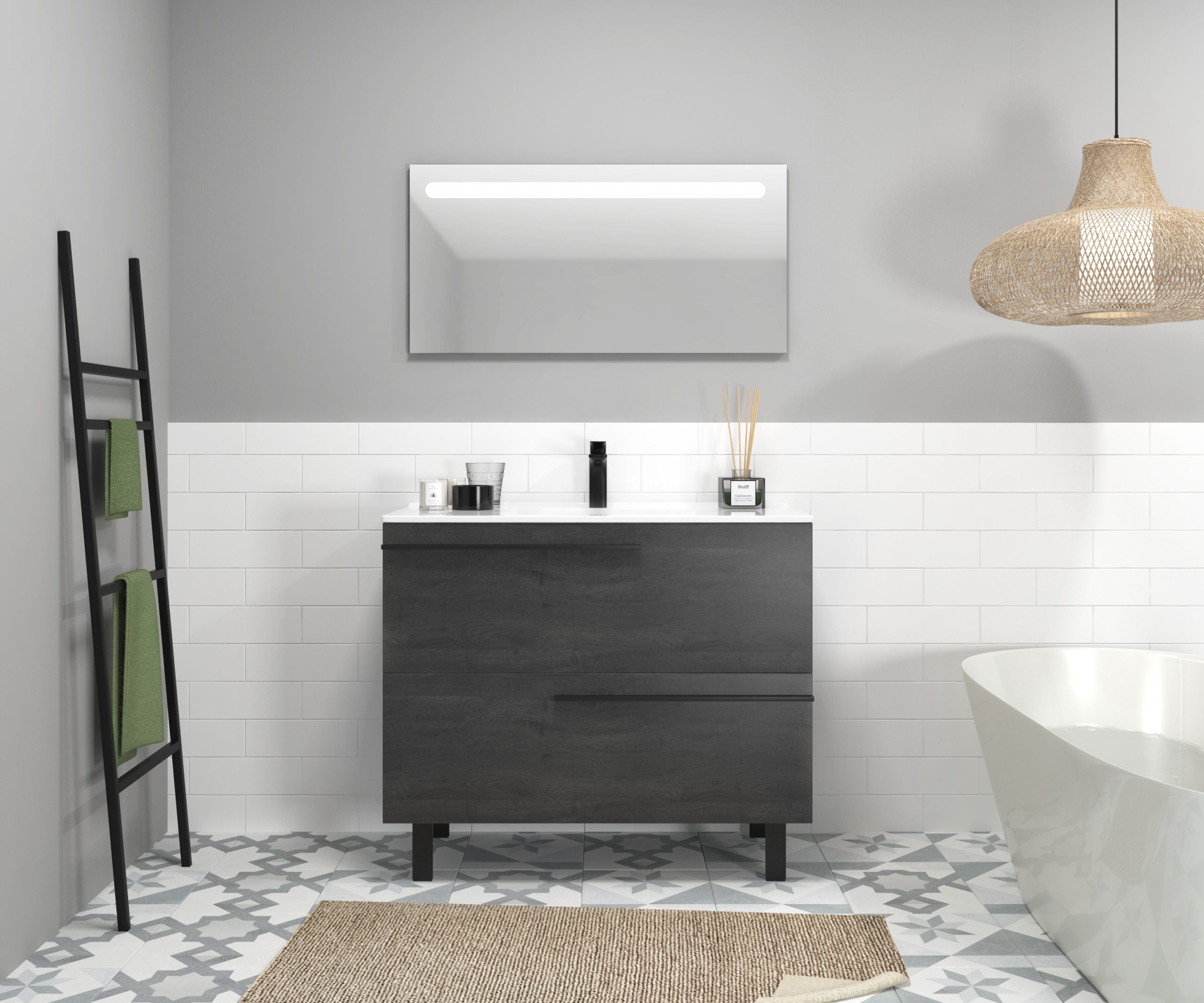 Ensemble en laiton avec lavabo et miroir LED