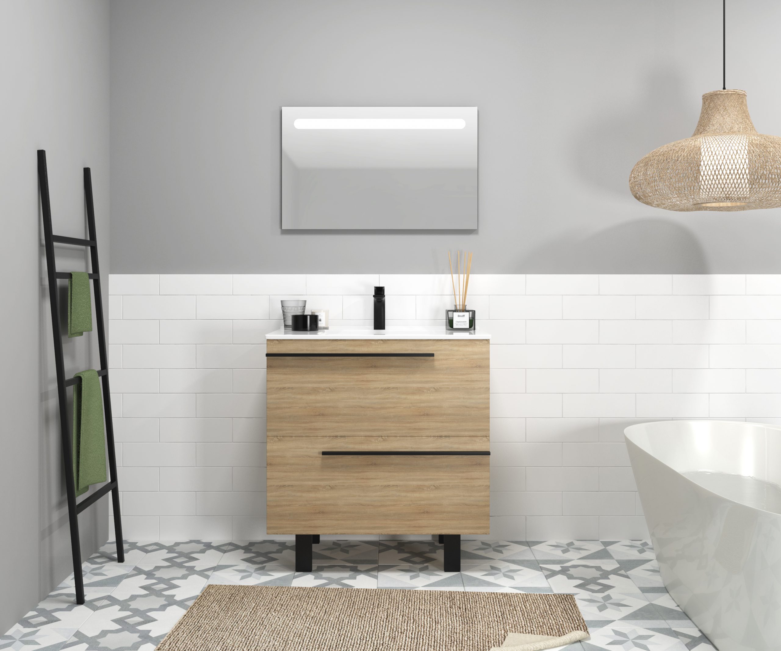Ensemble en laiton avec lavabo et miroir LED