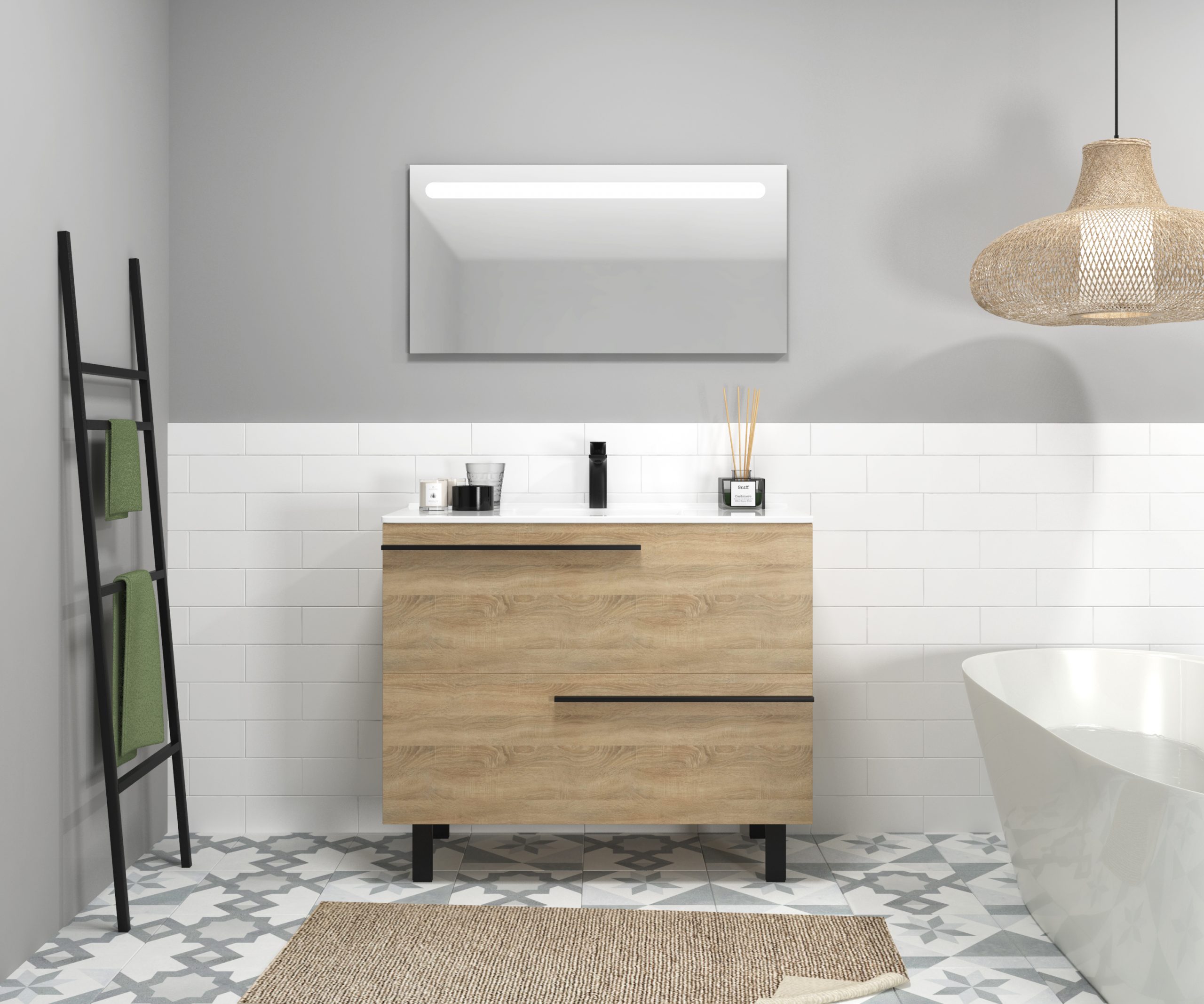 Ensemble en laiton avec lavabo et miroir LED