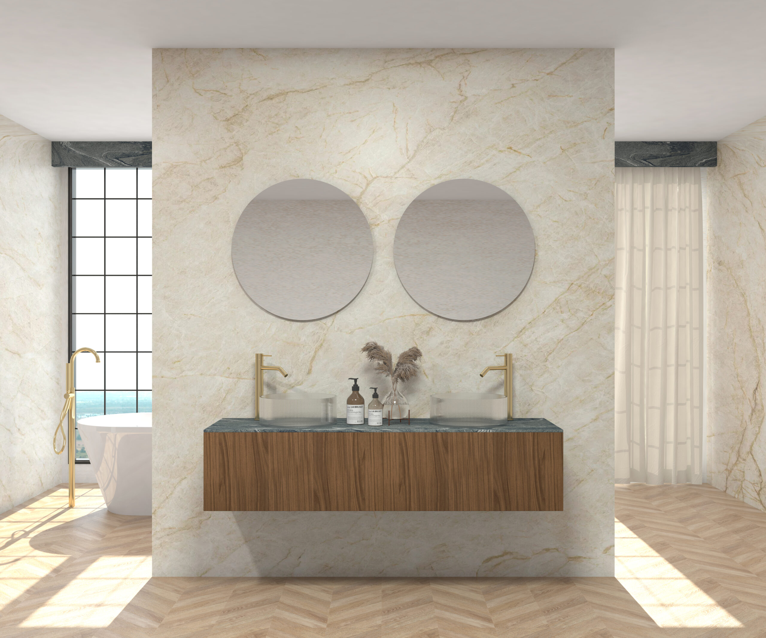 Pack MONET + plan de travail chez Pierre Sapiens + évier + miroir rond