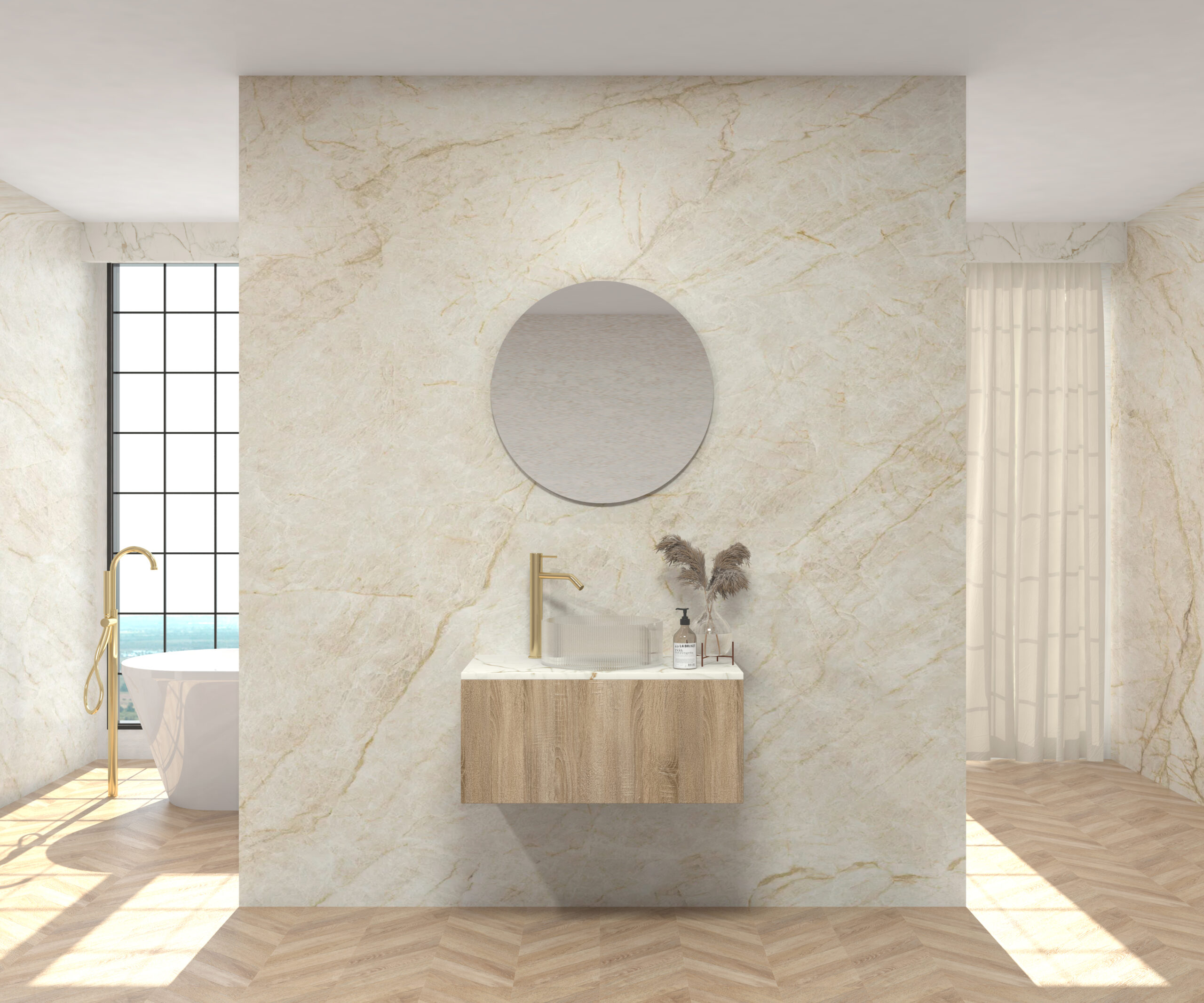 Pack MONET + plan de travail chez Pierre Sapiens + évier + miroir rond