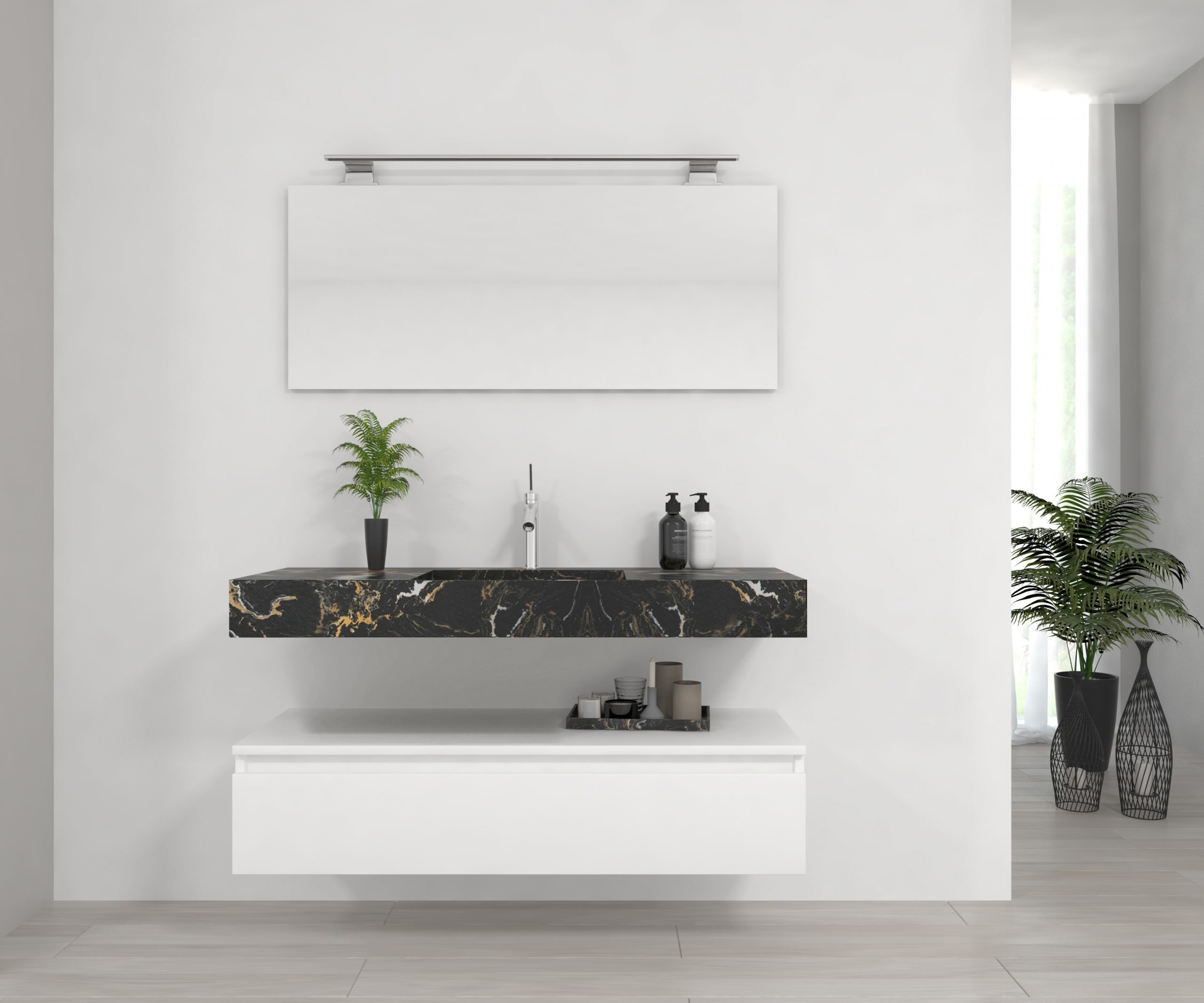 Pack Venus avec vasque compacte en marbre, miroir et projecteur LED