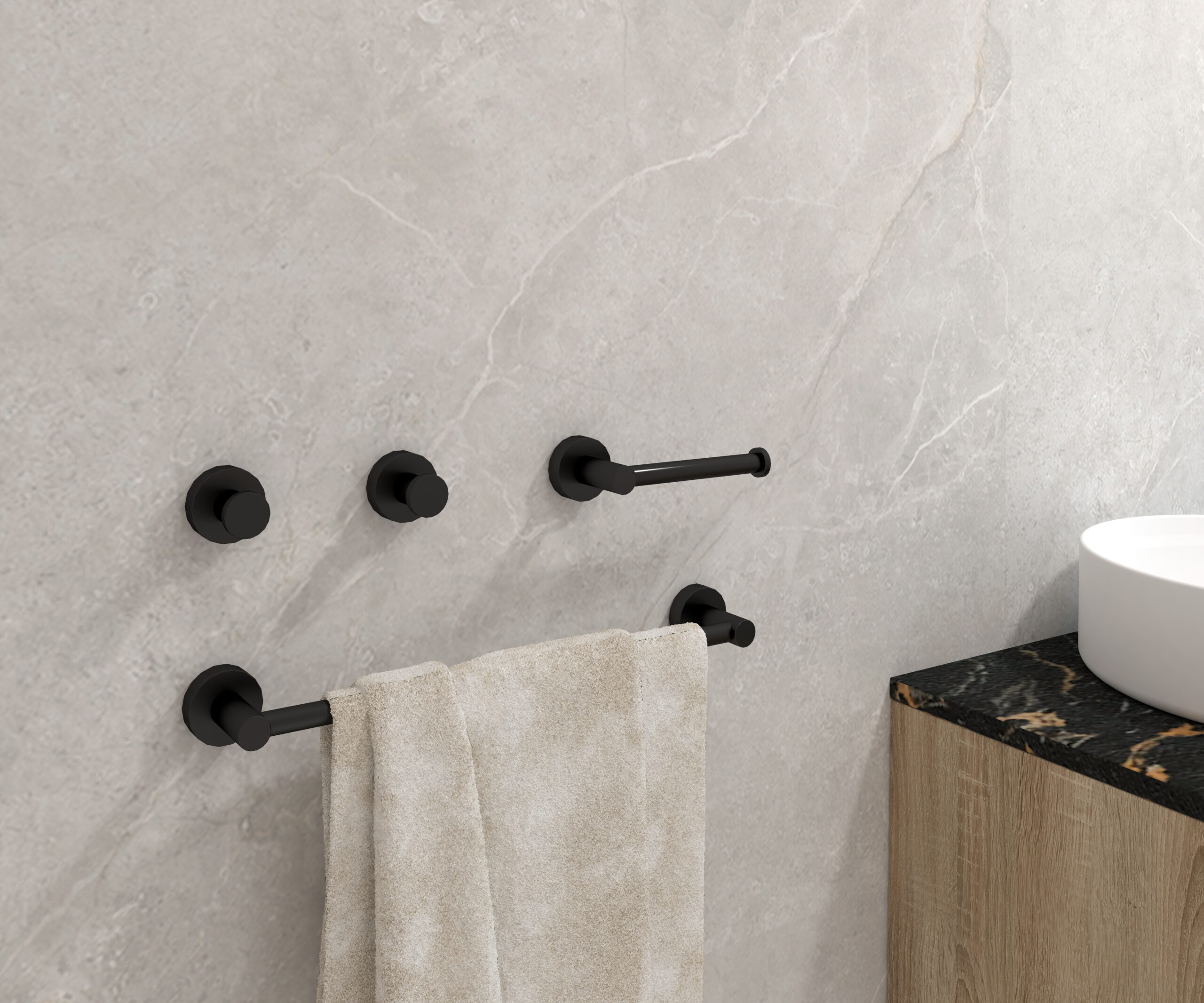 Pack accesorios SET BALI toallero + portarollos + doble percha negro mate