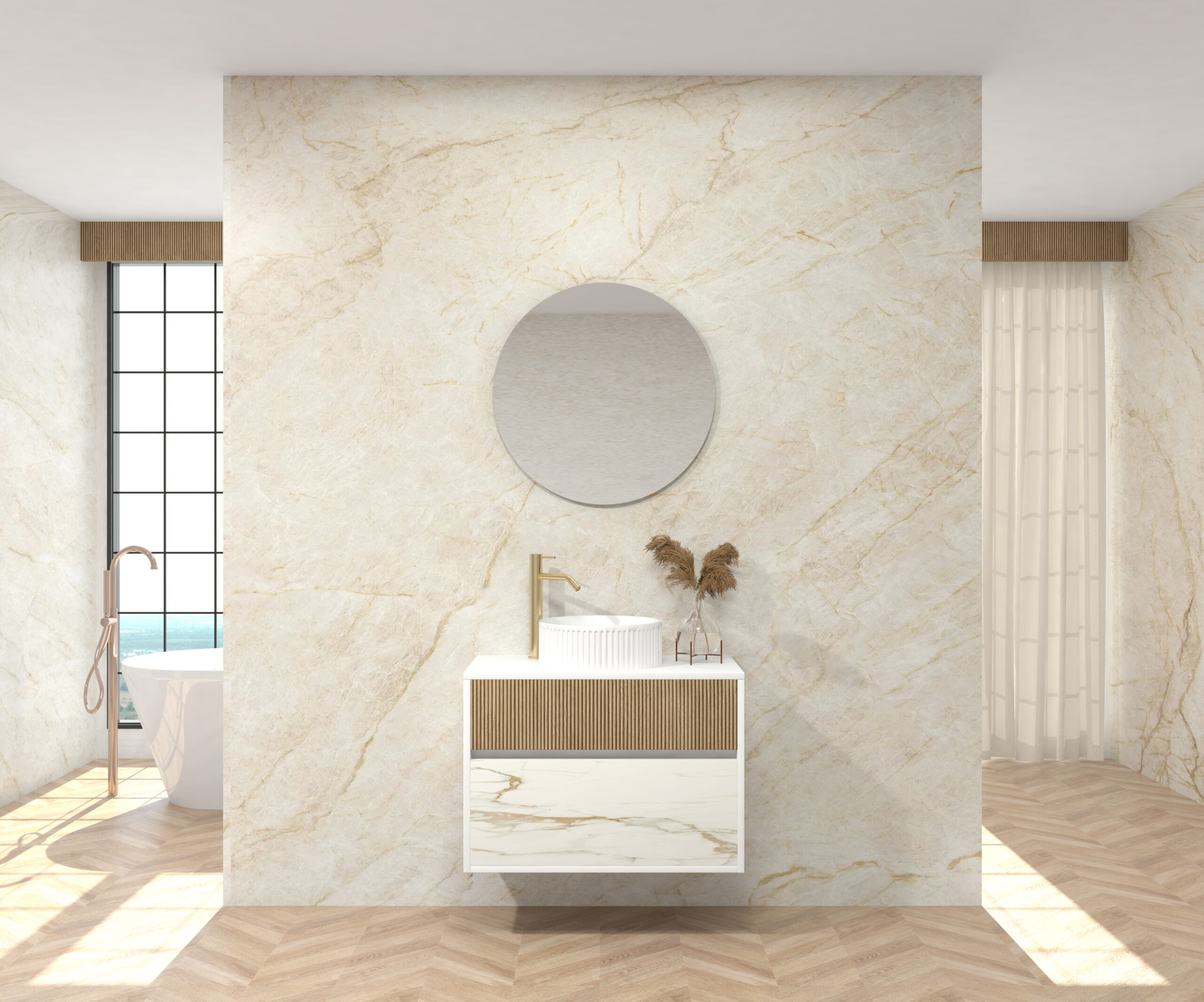 Pack DELAMBRE Sapienstone + lavabo + miroir circulaire