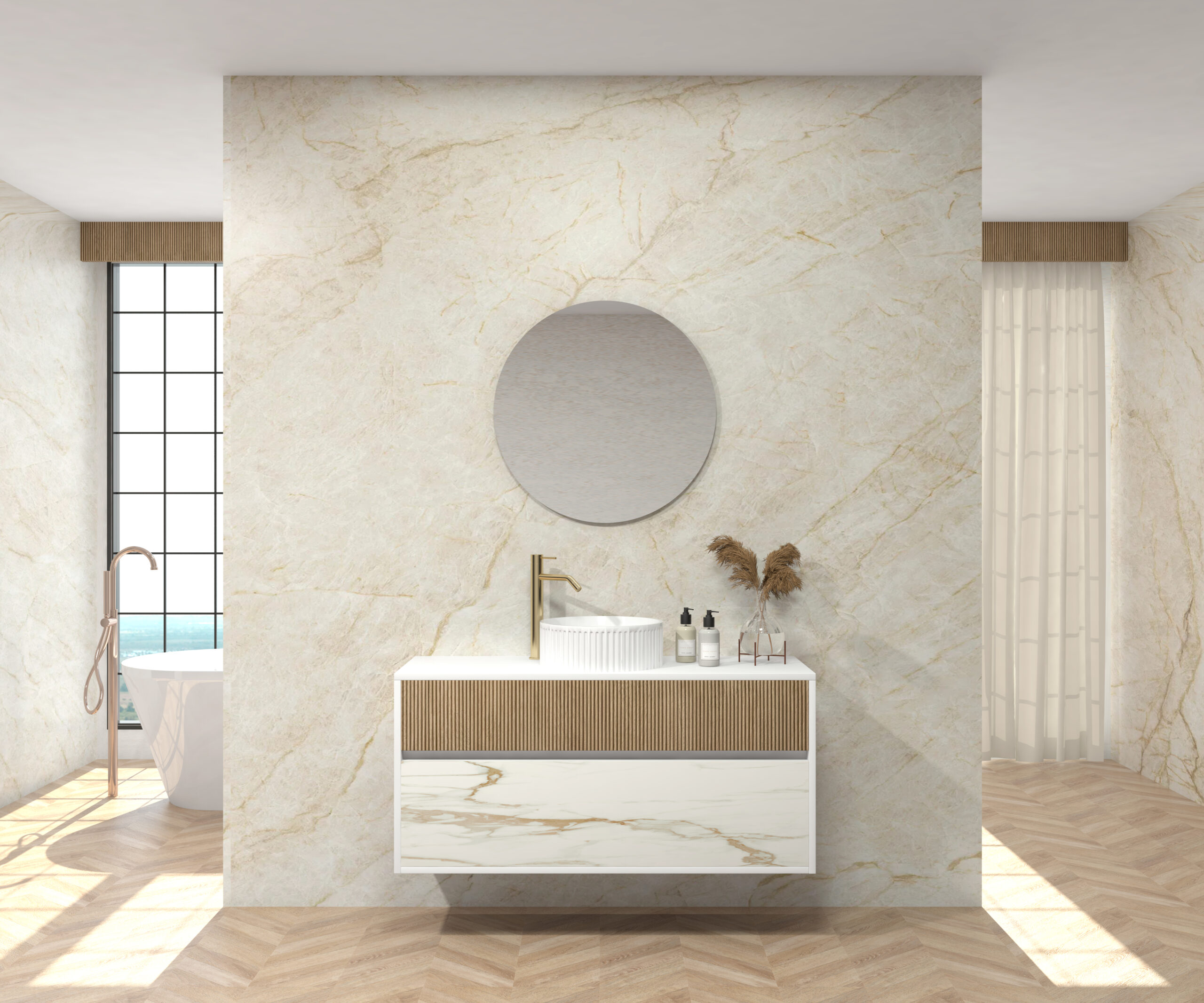 Pack DELAMBRE Sapienstone + lavabo + miroir circulaire