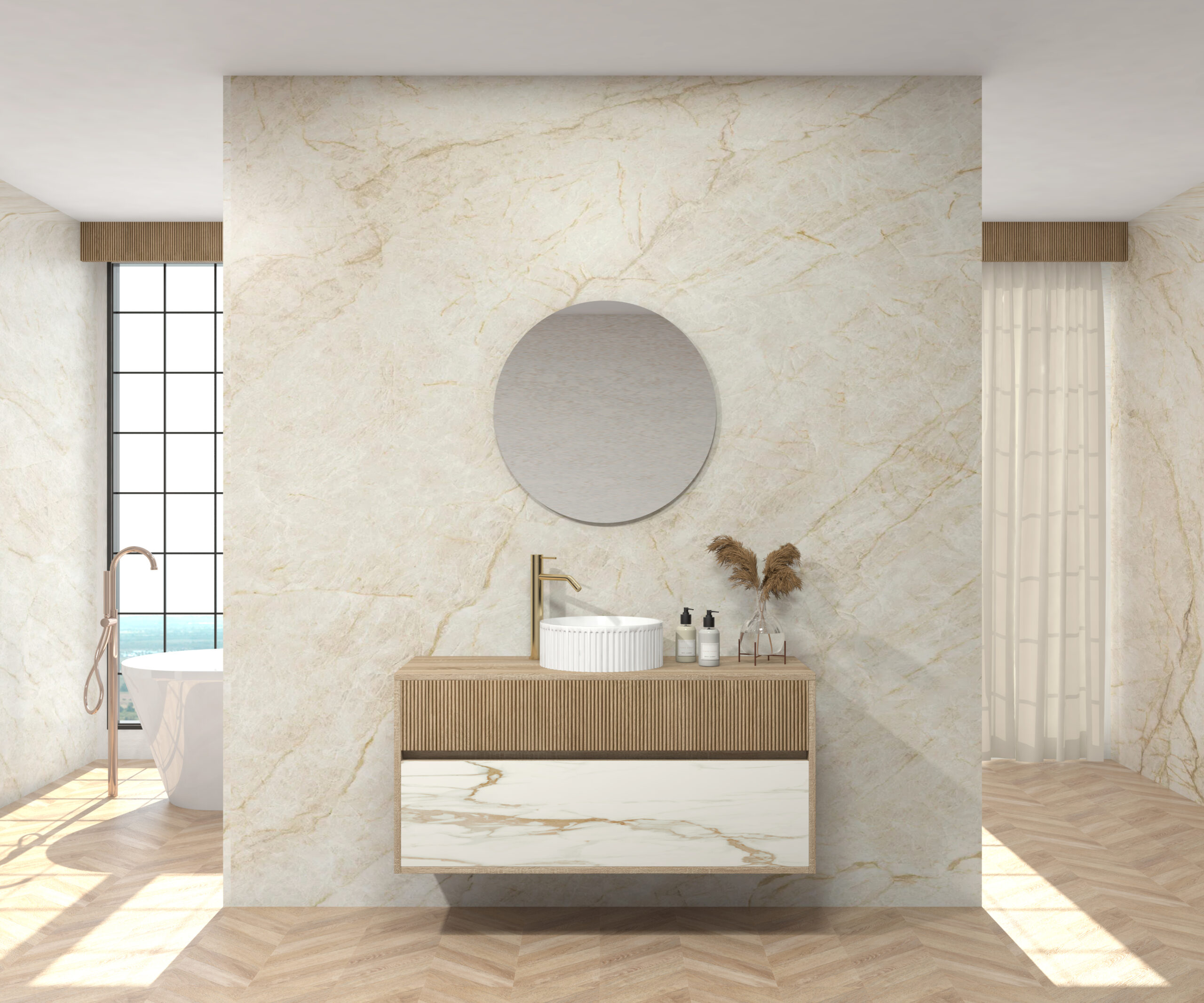 Pack DELAMBRE Sapienstone + lavabo + miroir circulaire