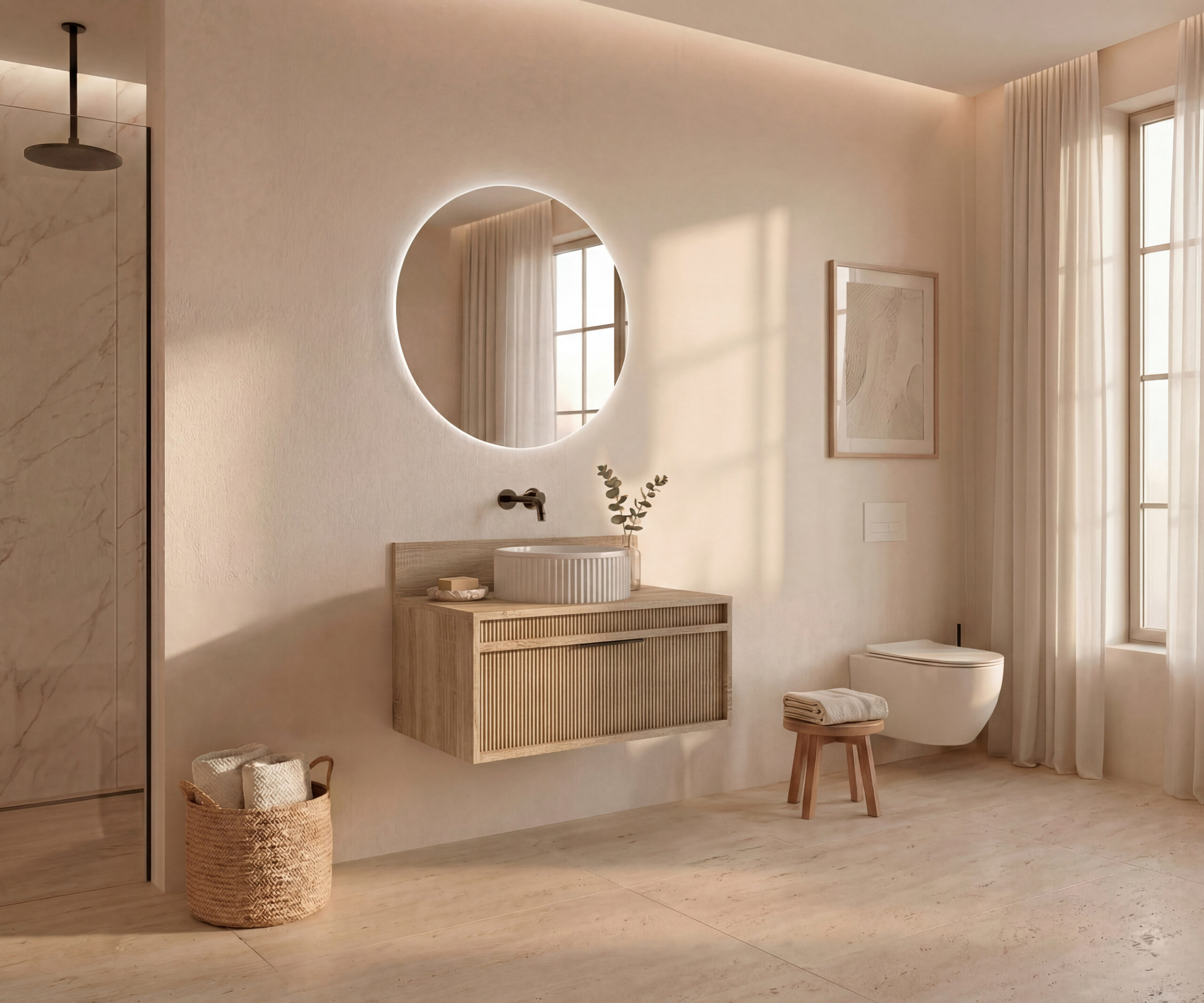 Pack BACRI + lavabo estriado + espejo circular LED