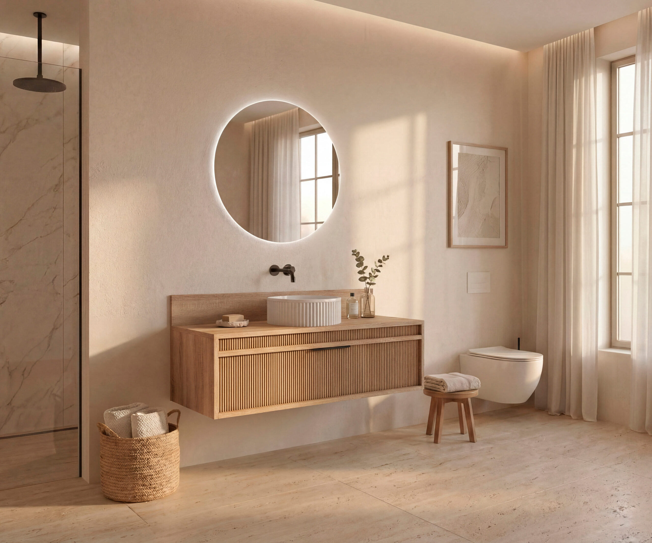 Pack BACRI + lavabo estriado + espejo circular LED